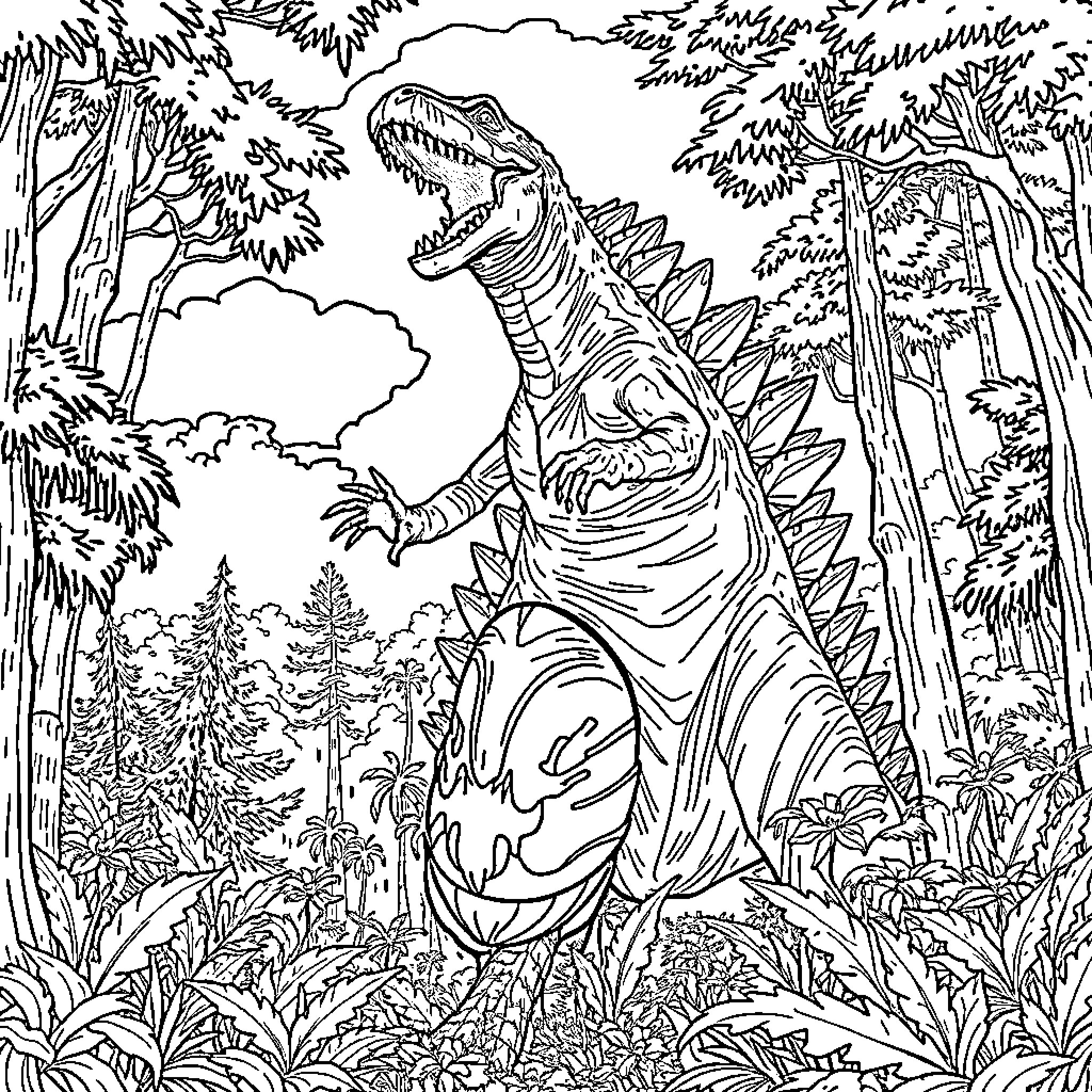 Dinosaur Roaring in Lush Jungle Coloring Page (free black-and-white line drawing printable PDF for all, from beginners to advanced learners, including children, teens, adults, and seniors)