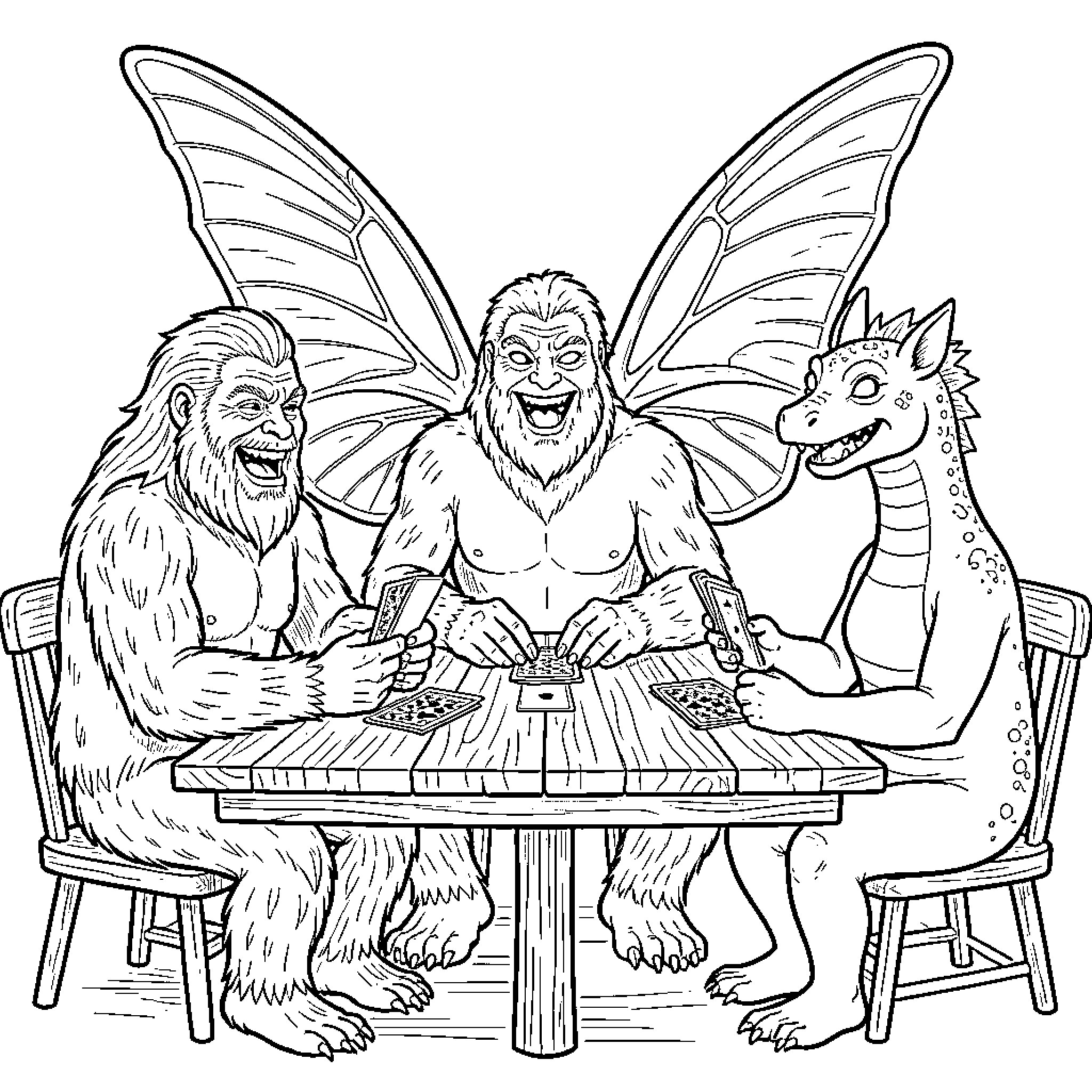 Mythical Creatures Playing Game at Table Coloring Page (free black-and-white line drawing printable PDF for all, from beginners to advanced learners, including children, teens, adults, and seniors)