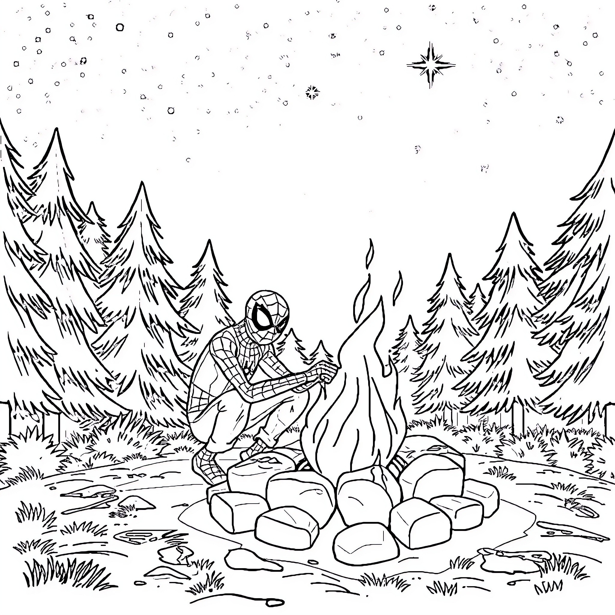 Spidey's Snowy Adventure with Campfire Coloring Page (free black-and-white line drawing printable PDF for all, from beginners to advanced learners, including children, teens, adults, and seniors)