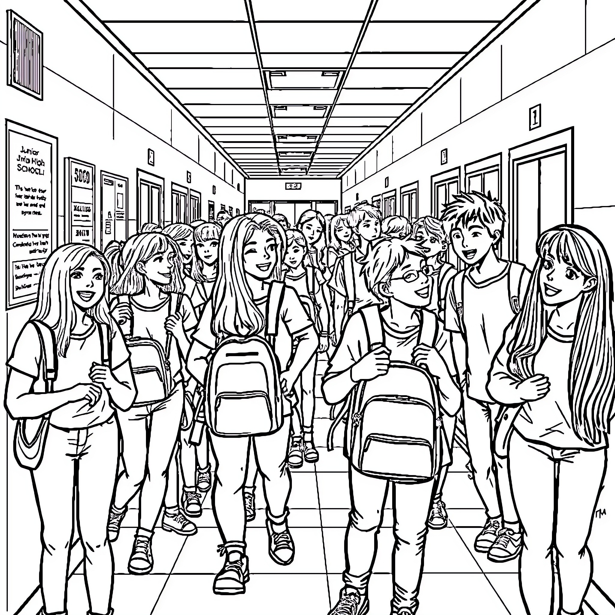 Junior High School Students in the Hallway Coloring Page (free black-and-white line drawing printable PDF for all, from beginners to advanced learners, including children, teens, adults, and seniors)