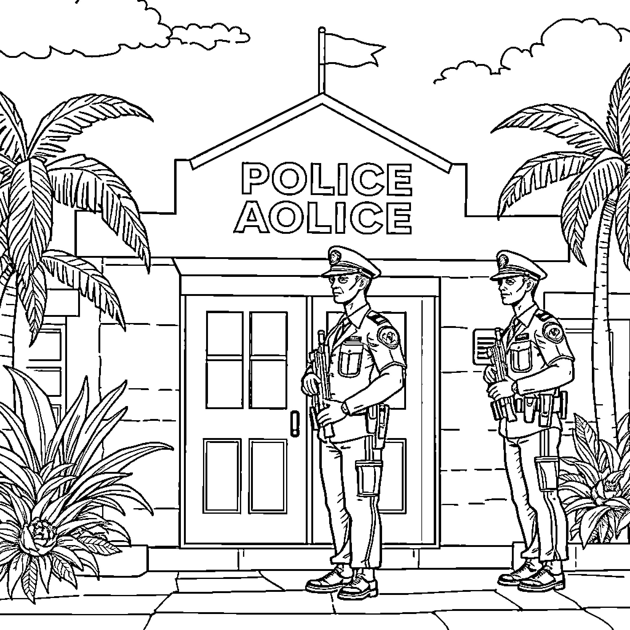 Police Enforcing Law and Order in Tropical Setting Coloring Page (free black-and-white line drawing printable PDF for all, from beginners to advanced learners, including children, teens, adults, and seniors)