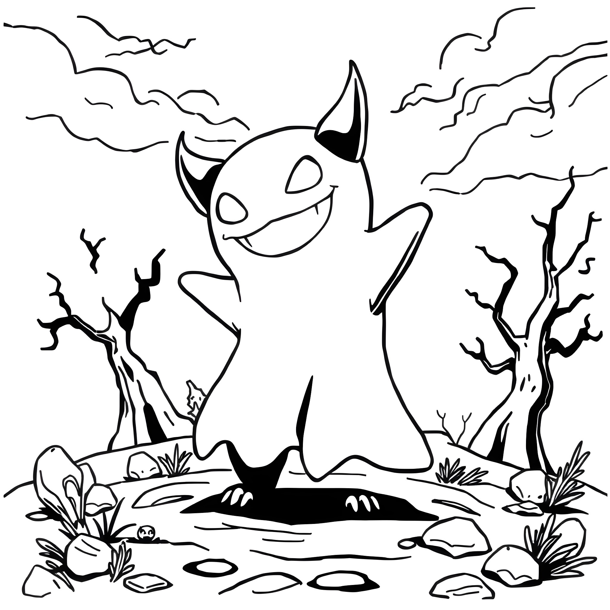 Gengar playing mischievously in the spooky forest Coloring Page (free black-and-white line drawing printable PDF for all, from beginners to advanced learners, including children, teens, adults, and seniors)