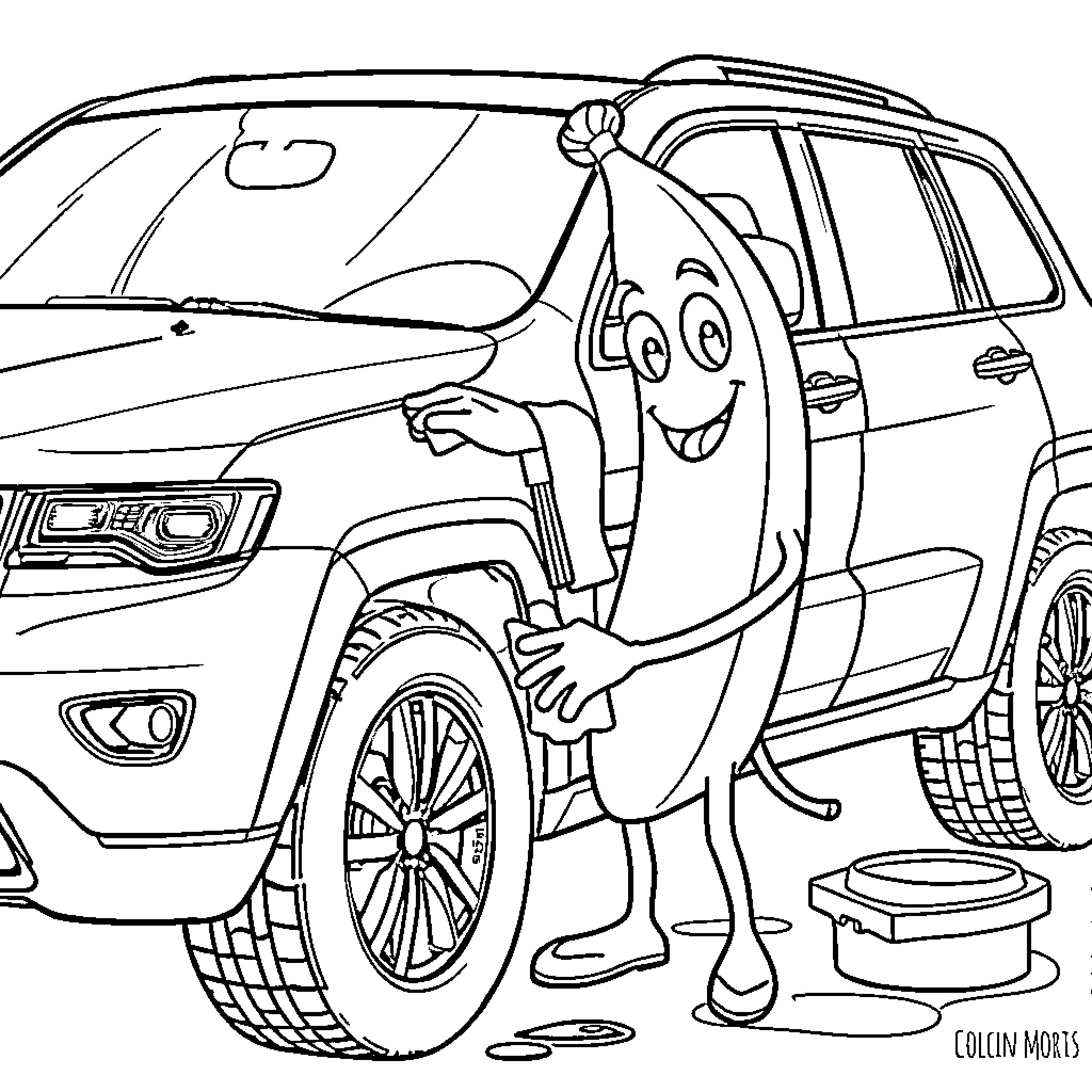 Peely character fixing a car with a smile Coloring Page (free black-and-white line drawing printable PDF for all, from beginners to advanced learners, including children, teens, adults, and seniors)