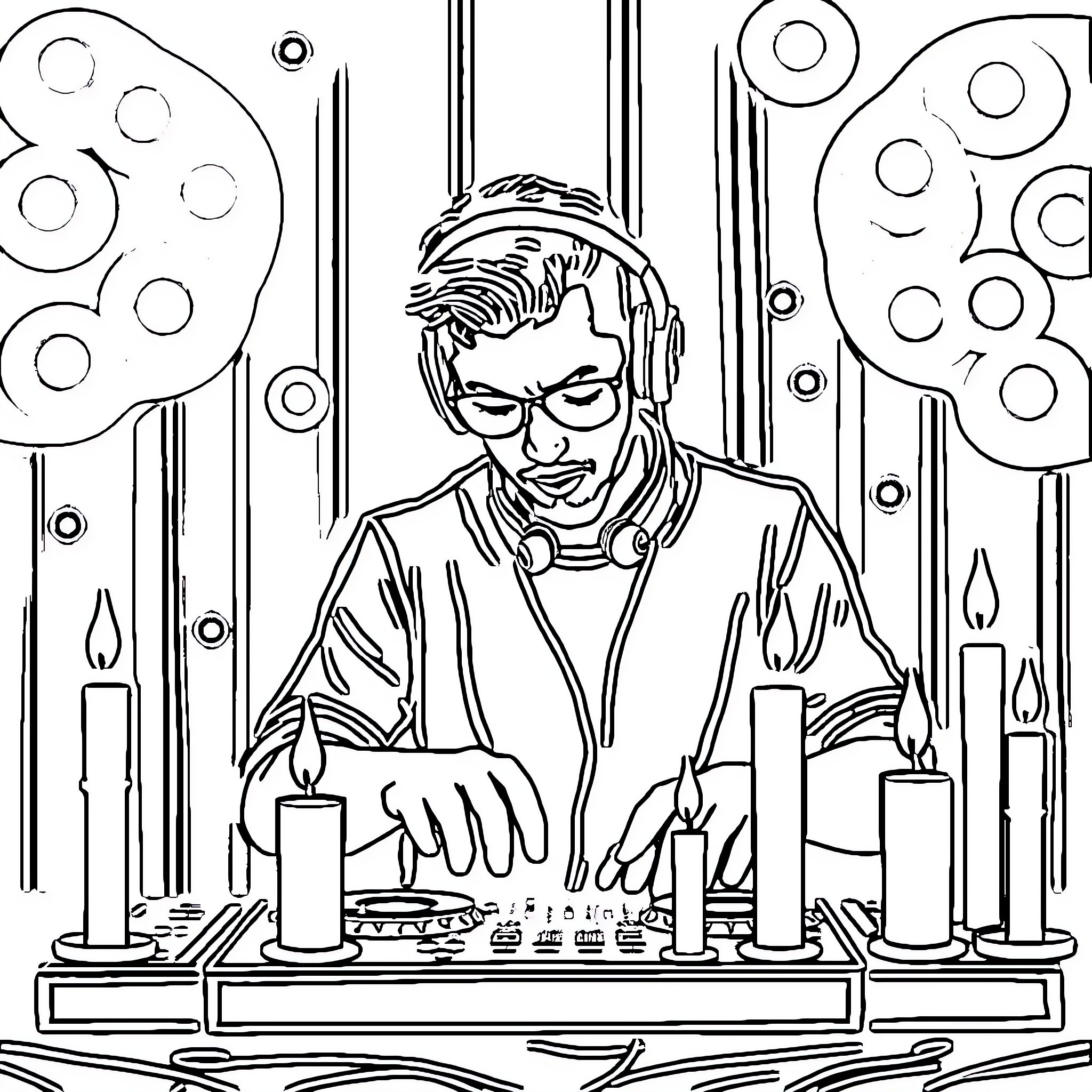 Candle lighting ceremony with a focused individual Coloring Page (free black-and-white line drawing printable PDF for all, from beginners to advanced learners, including children, teens, adults, and seniors)