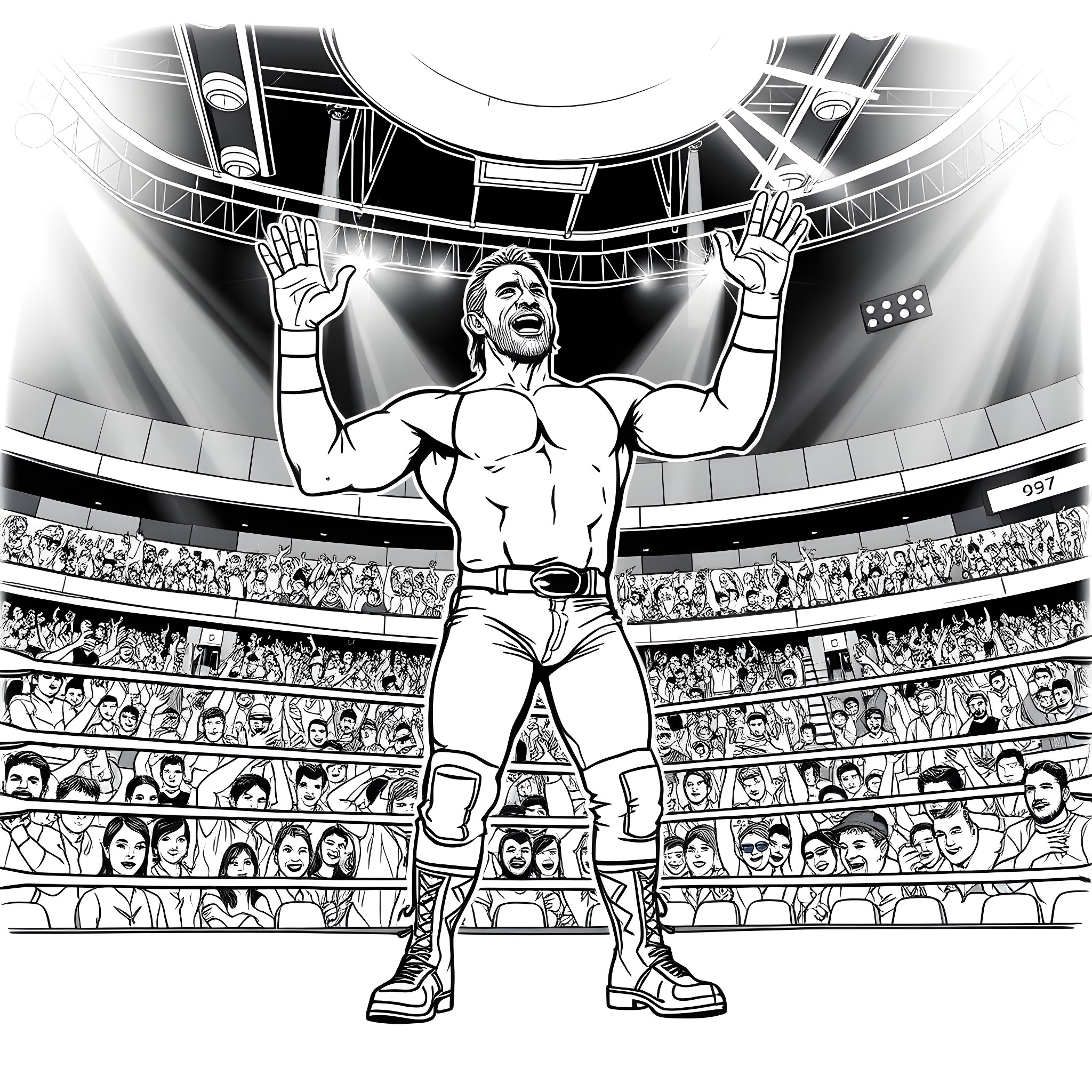 Shawn Michaels celebrating his victory in the wrestling ring Coloring Page (free black-and-white line drawing printable PDF for all, from beginners to advanced learners, including children, teens, adults, and seniors)