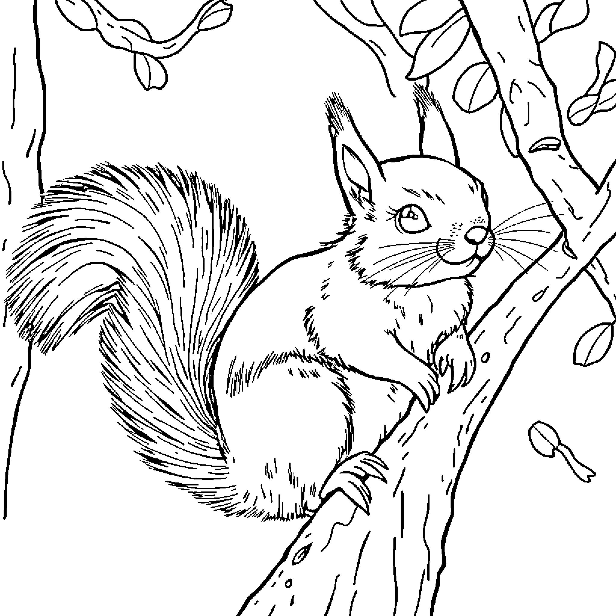 Squirrel climbing up a tree branch Coloring Page (free black-and-white line drawing printable PDF for all, from beginners to advanced learners, including children, teens, adults, and seniors)