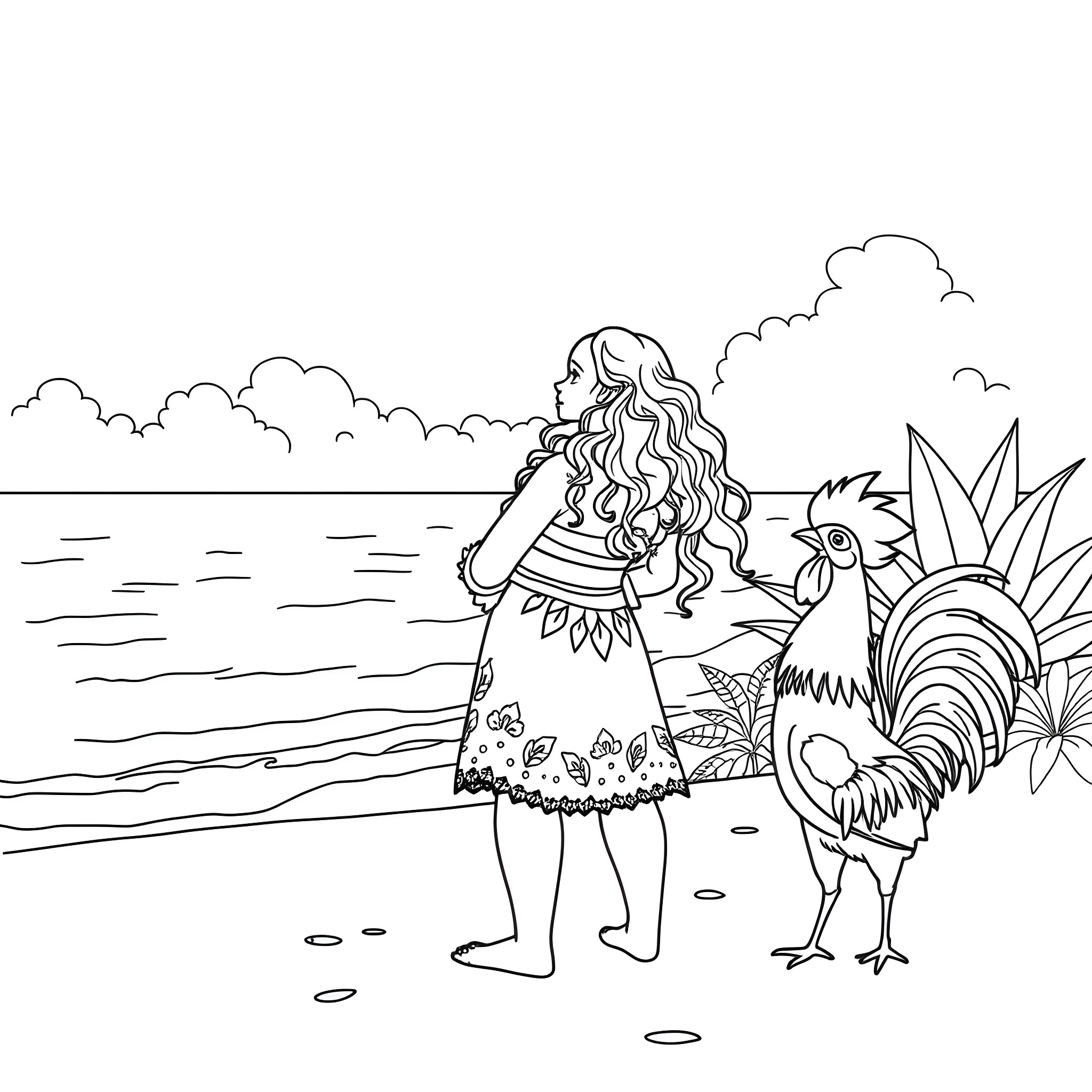 Moana exploring the ocean with a colorful rooster Coloring Page (free black-and-white line drawing printable PDF for all, from beginners to advanced learners, including children, teens, adults, and seniors)