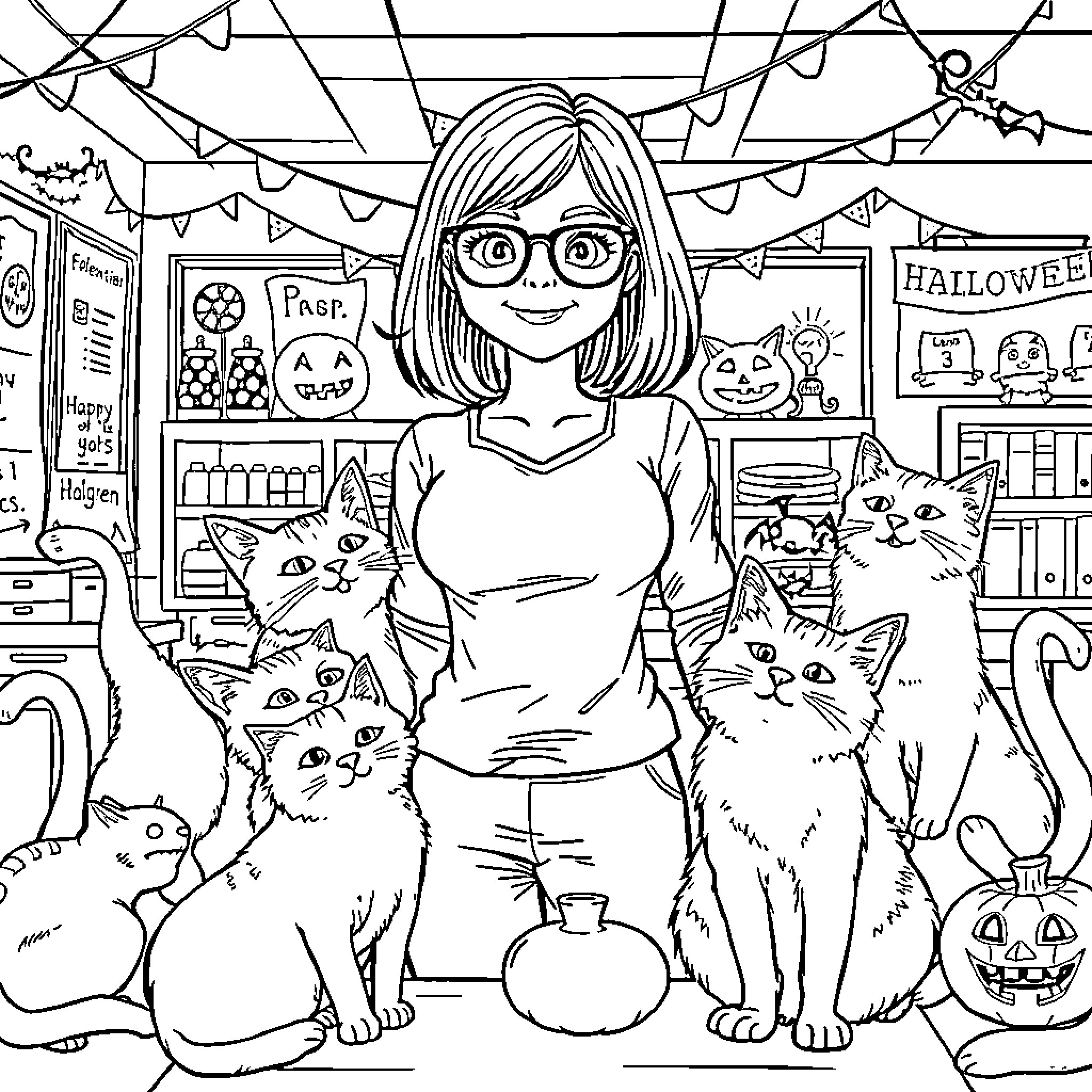 Cat and girl celebrate Halloween together Coloring Page (free black-and-white line drawing printable PDF for all, from beginners to advanced learners, including children, teens, adults, and seniors)