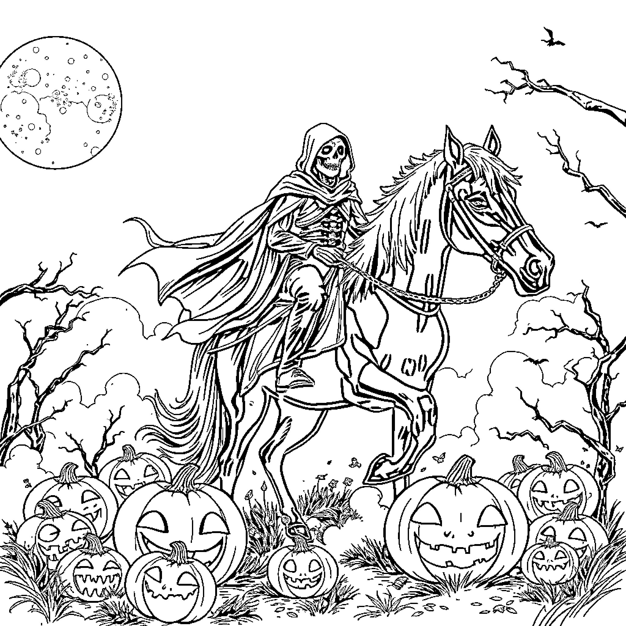 Headless Rider on Horseback with Halloween Pumpkins Coloring Page (free black-and-white line drawing printable PDF for all, from beginners to advanced learners, including children, teens, adults, and seniors)
