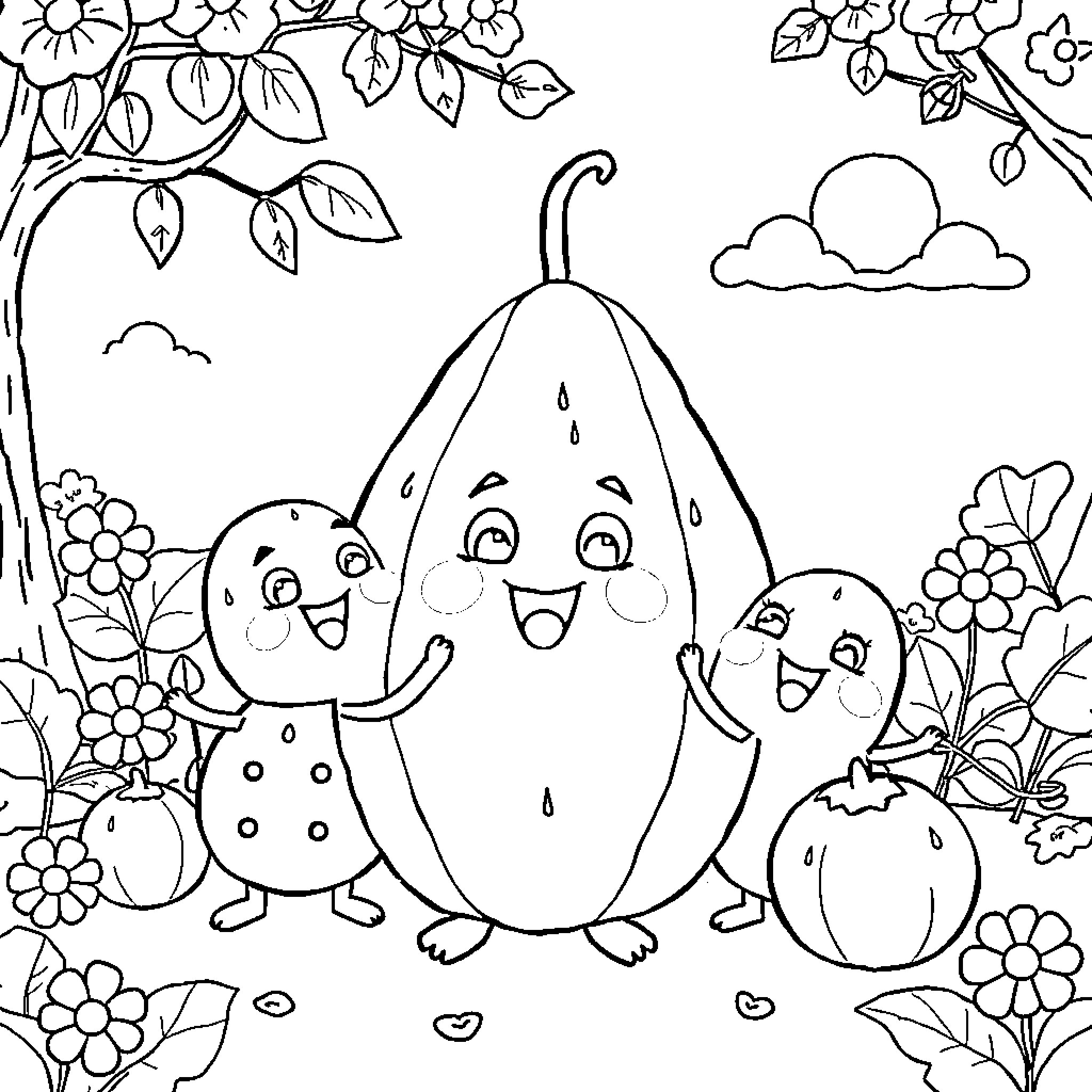 Cocomelon Cartoon Characters in Floral Garden Coloring Page (free black-and-white line drawing printable PDF for all, from beginners to advanced learners, including children, teens, adults, and seniors)