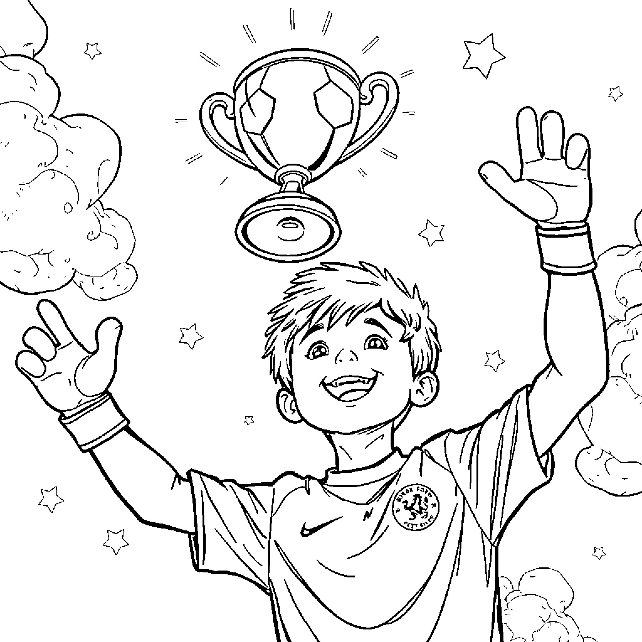 Child celebrating sports championship victory Coloring Page (free black-and-white line drawing printable PDF for all, from beginners to advanced learners, including children, teens, adults, and seniors)