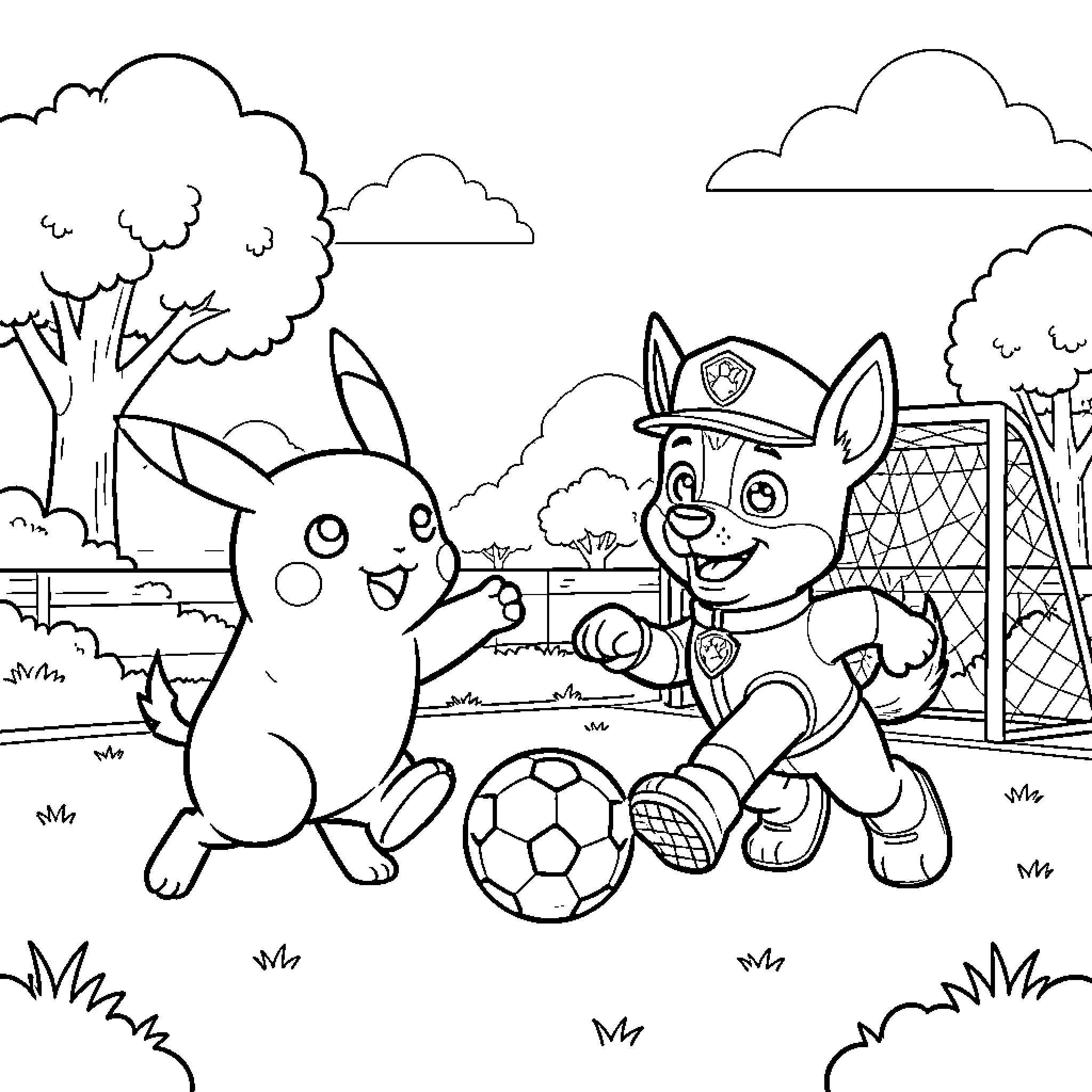 Pikachu and a puppy playing soccer in a field Coloring Page (free black-and-white line drawing printable PDF for all, from beginners to advanced learners, including children, teens, adults, and seniors)