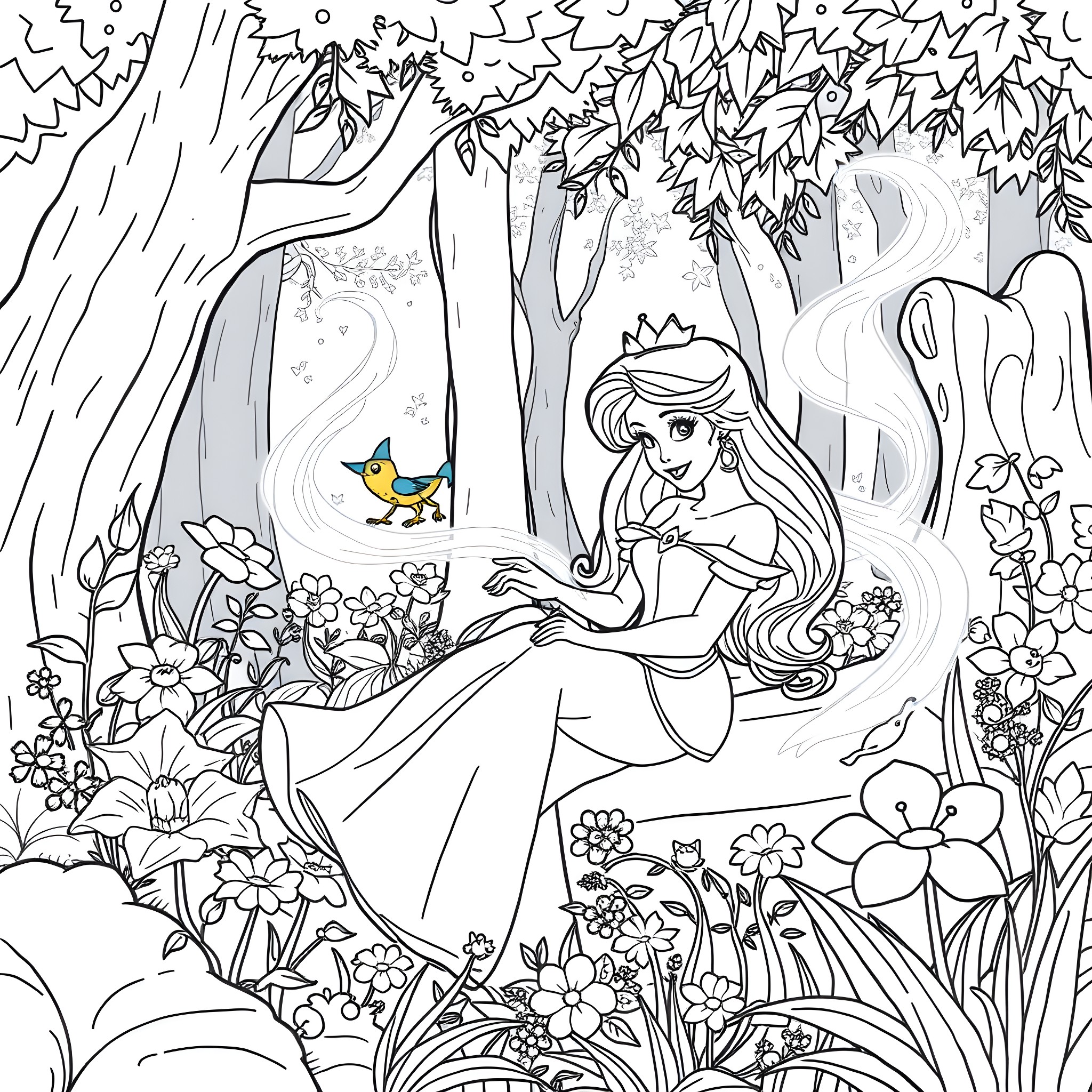 Disney Princess in a Magical Forest Wonderland Coloring Page (free black-and-white line drawing printable PDF for all, from beginners to advanced learners, including children, teens, adults, and seniors)