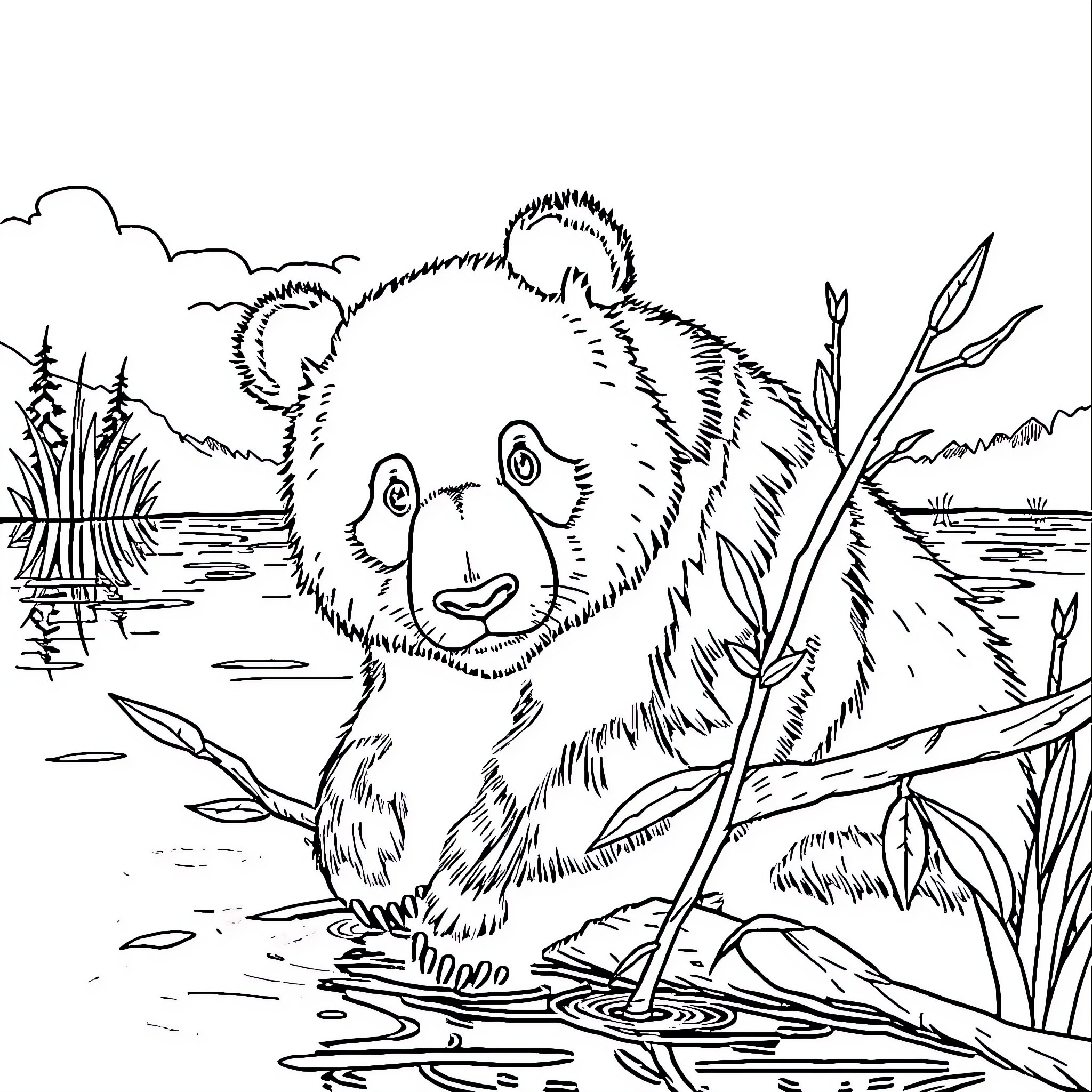 Panda exploring the natural environment Coloring Page (free black-and-white line drawing printable PDF for all, from beginners to advanced learners, including children, teens, adults, and seniors)