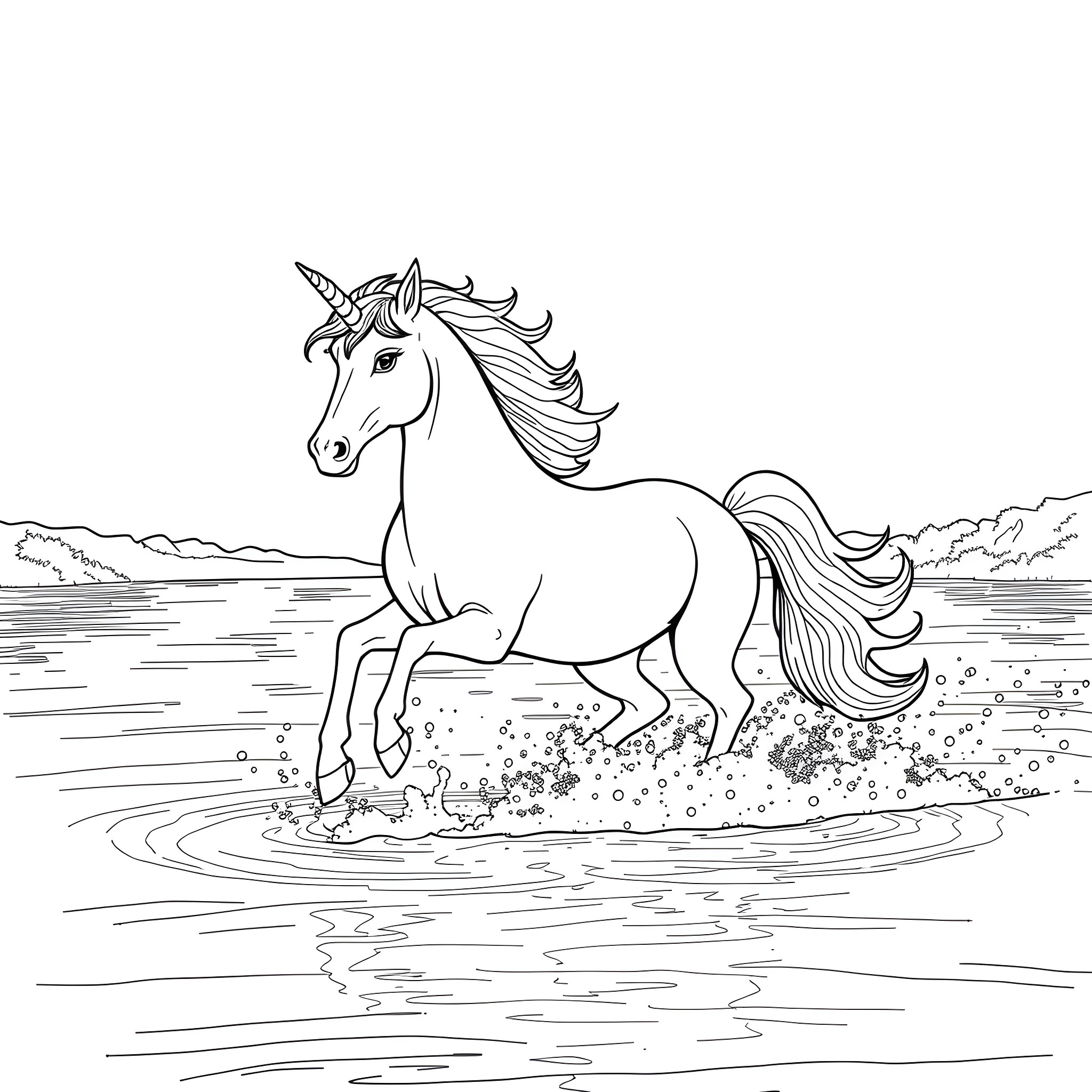 Unicorn trotting gracefully through a magical landscape Coloring Page (free black-and-white line drawing printable PDF for all, from beginners to advanced learners, including children, teens, adults, and seniors)