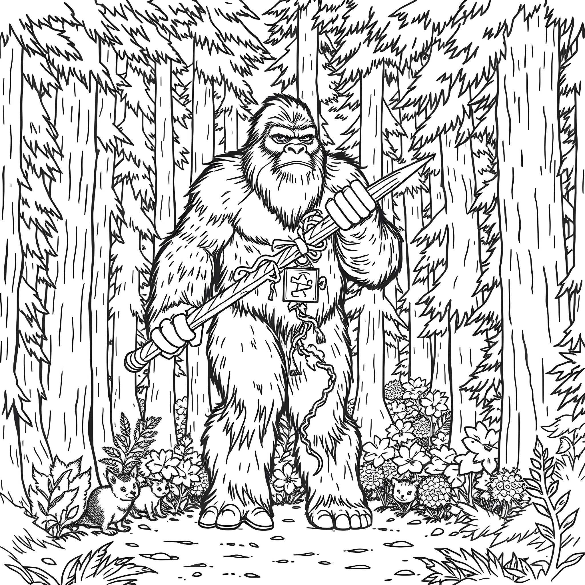 Sasquatch exploring the forest with axe and animals Coloring Page (free black-and-white line drawing printable PDF for all, from beginners to advanced learners, including children, teens, adults, and seniors)