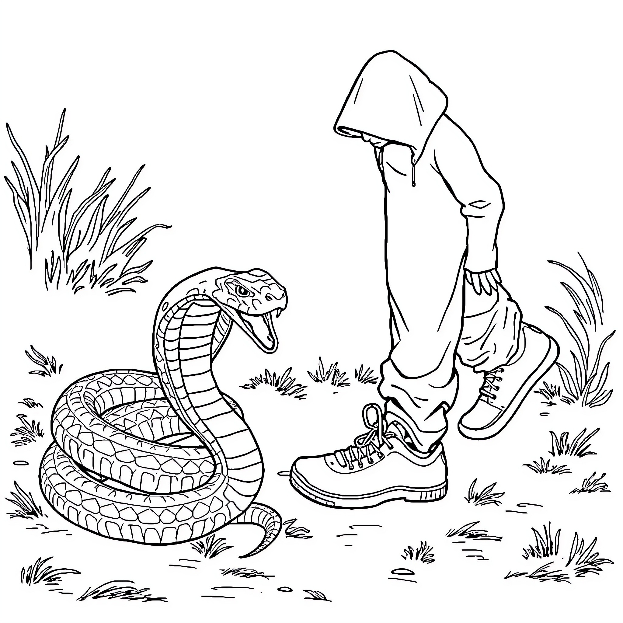 Cobra confronts the hooded figure in the wilderness Coloring Page (free black-and-white line drawing printable PDF for all, from beginners to advanced learners, including children, teens, adults, and seniors)