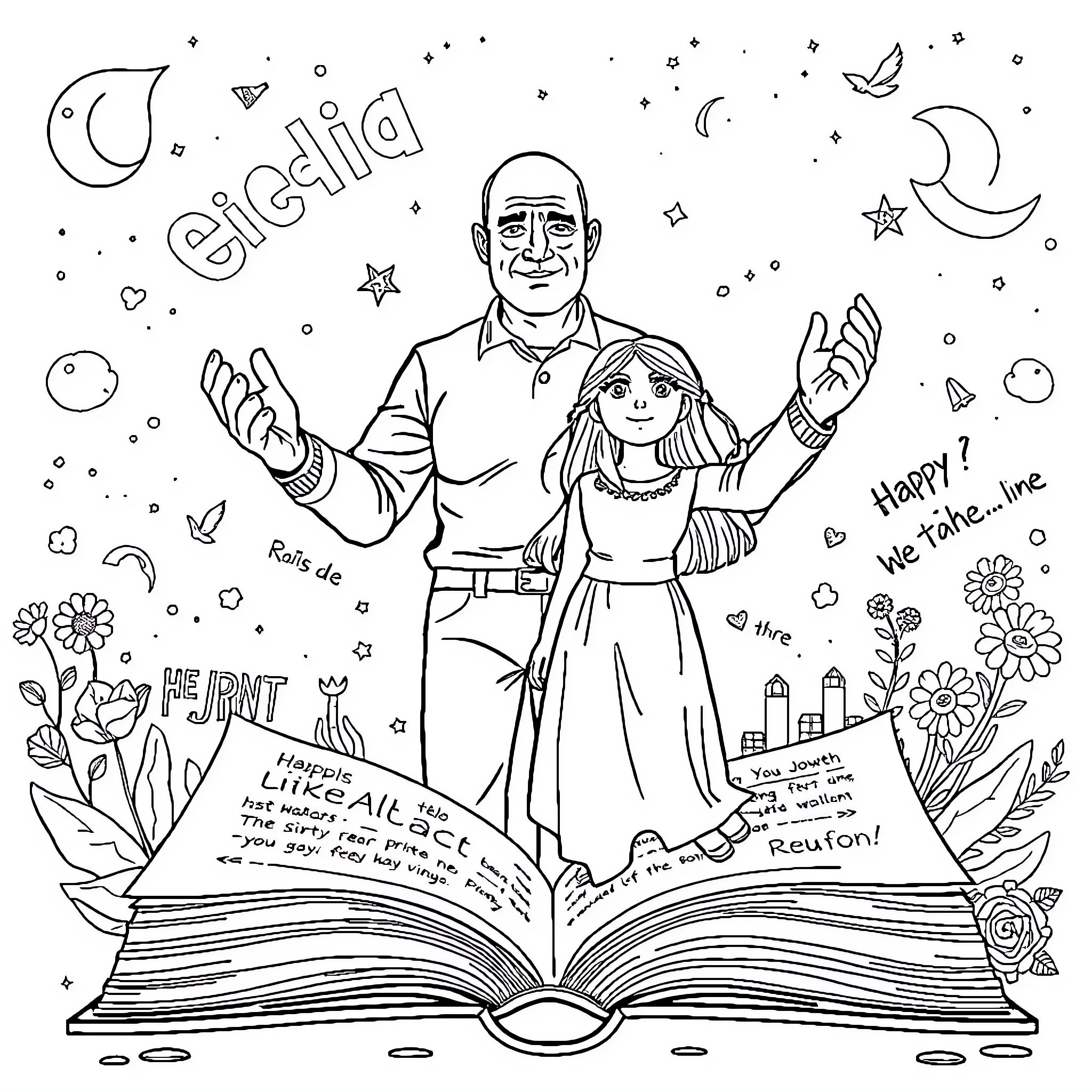 Man and girl reading from an open book with nature Coloring Page (free black-and-white line drawing printable PDF for all, from beginners to advanced learners, including children, teens, adults, and seniors)