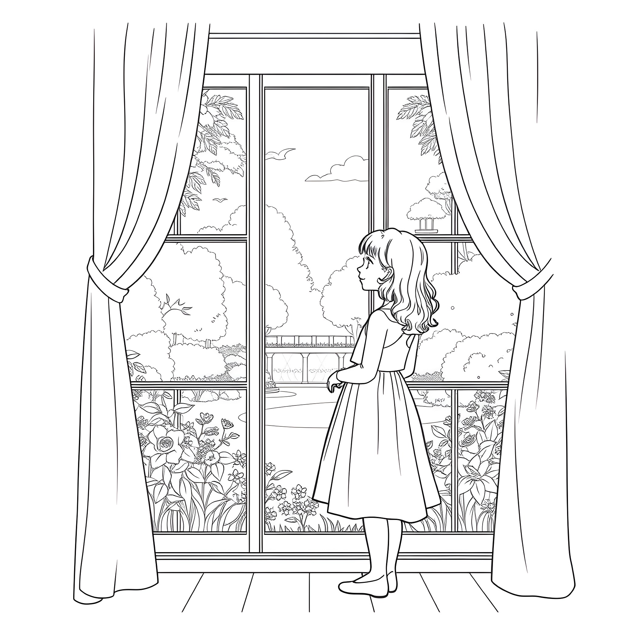 Girl gazing out the window at the scenic landscape Coloring Page (free black-and-white line drawing printable PDF for all, from beginners to advanced learners, including children, teens, adults, and seniors)