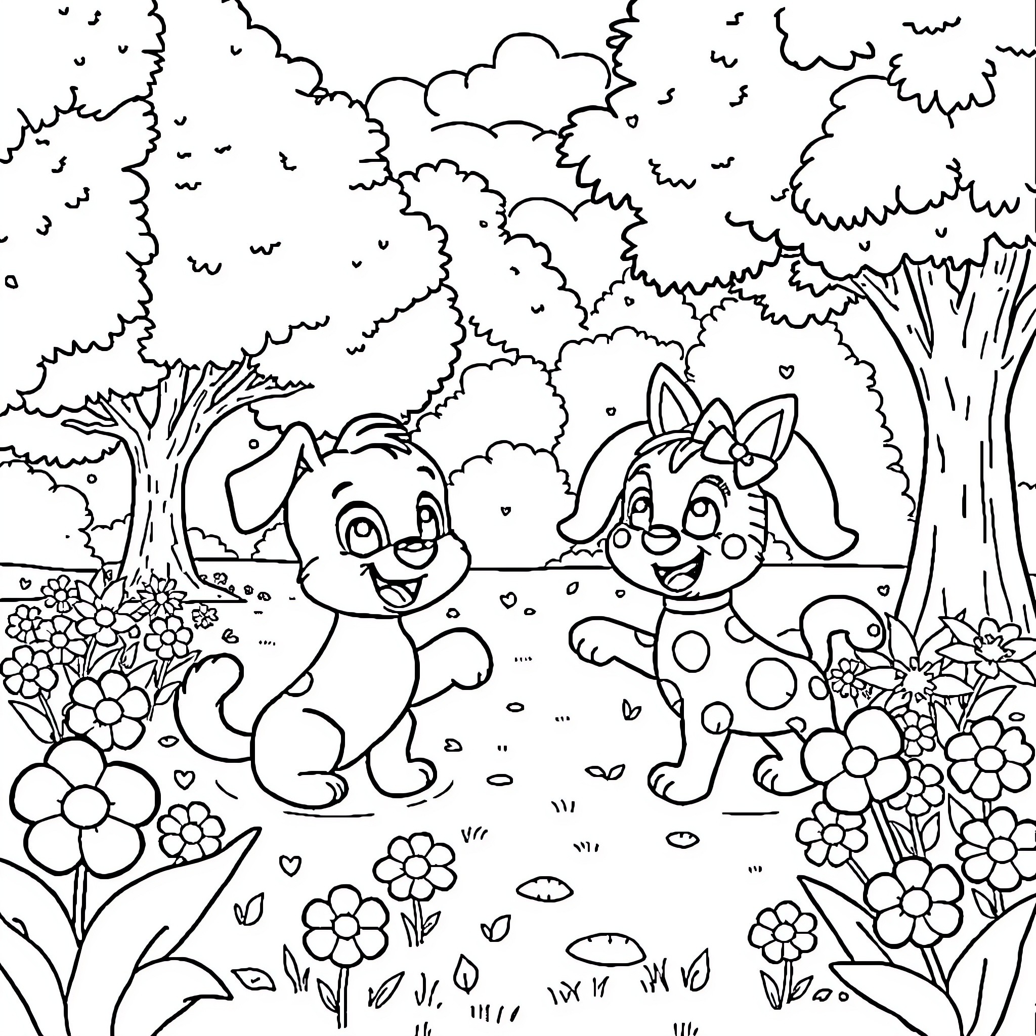 Bluey and Friends Explore the Magical Forest Coloring Page (free black-and-white line drawing printable PDF for all, from beginners to advanced learners, including children, teens, adults, and seniors)