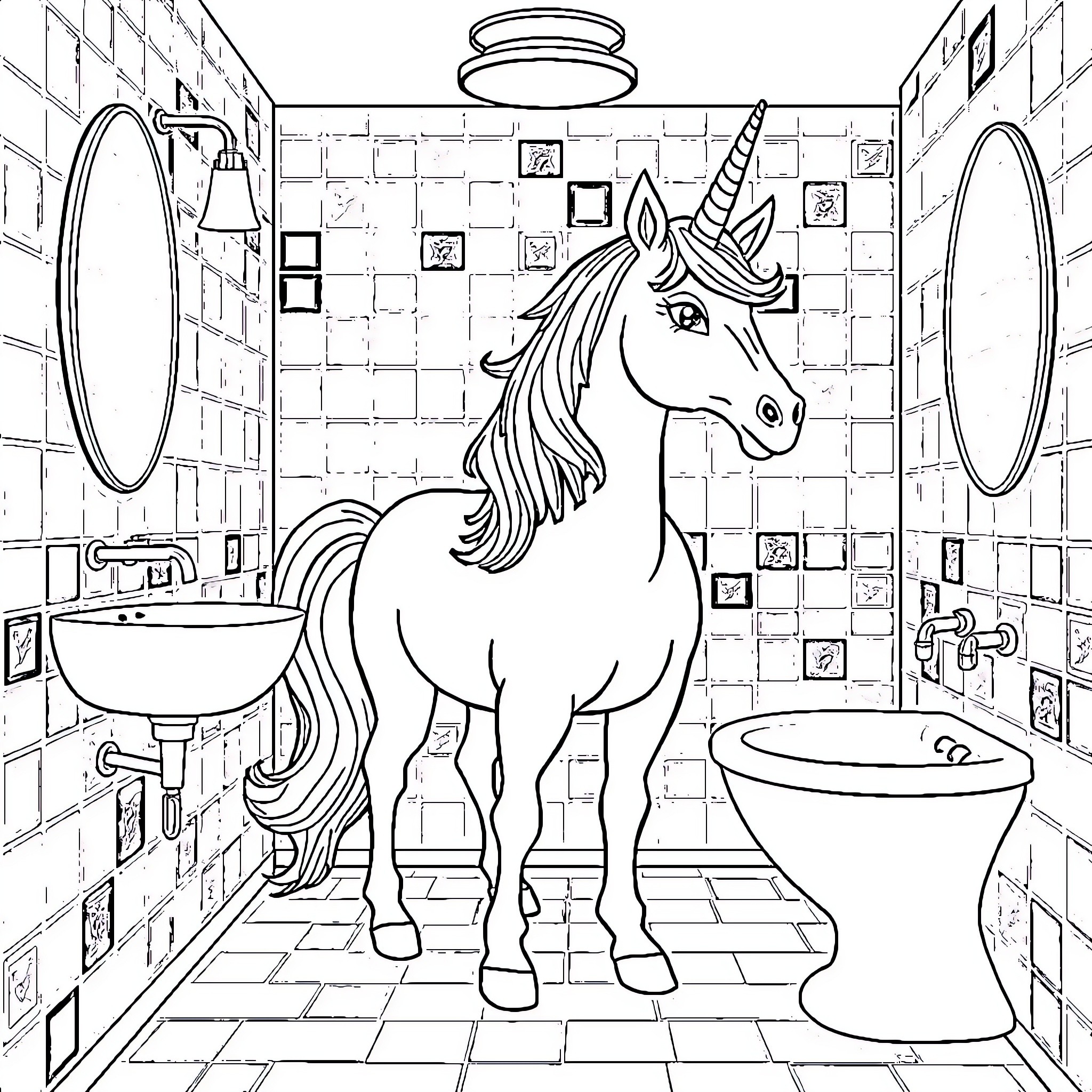 Unicorn relaxing in a whimsical bathroom Coloring Page (free black-and-white line drawing printable PDF for all, from beginners to advanced learners, including children, teens, adults, and seniors)