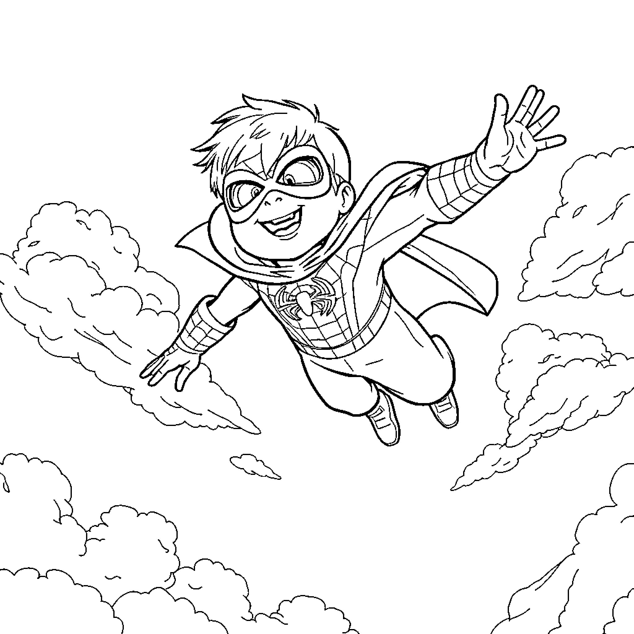 Spiderman swinging through the clouds Coloring Page (free black-and-white line drawing printable PDF for all, from beginners to advanced learners, including children, teens, adults, and seniors)