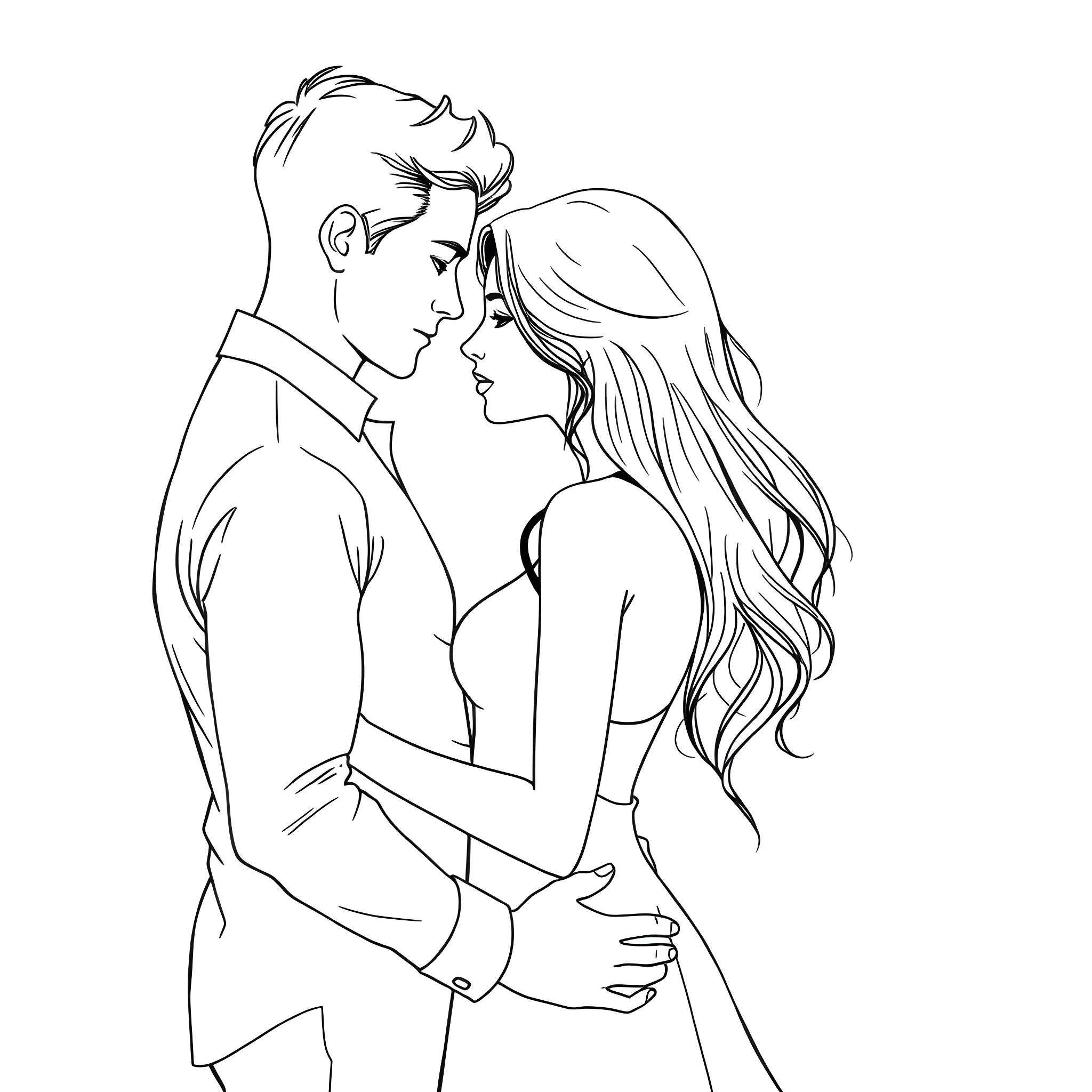 Adult couple in intimate embrace Coloring Page (free black-and-white line drawing printable PDF for all, from beginners to advanced learners, including children, teens, adults, and seniors)