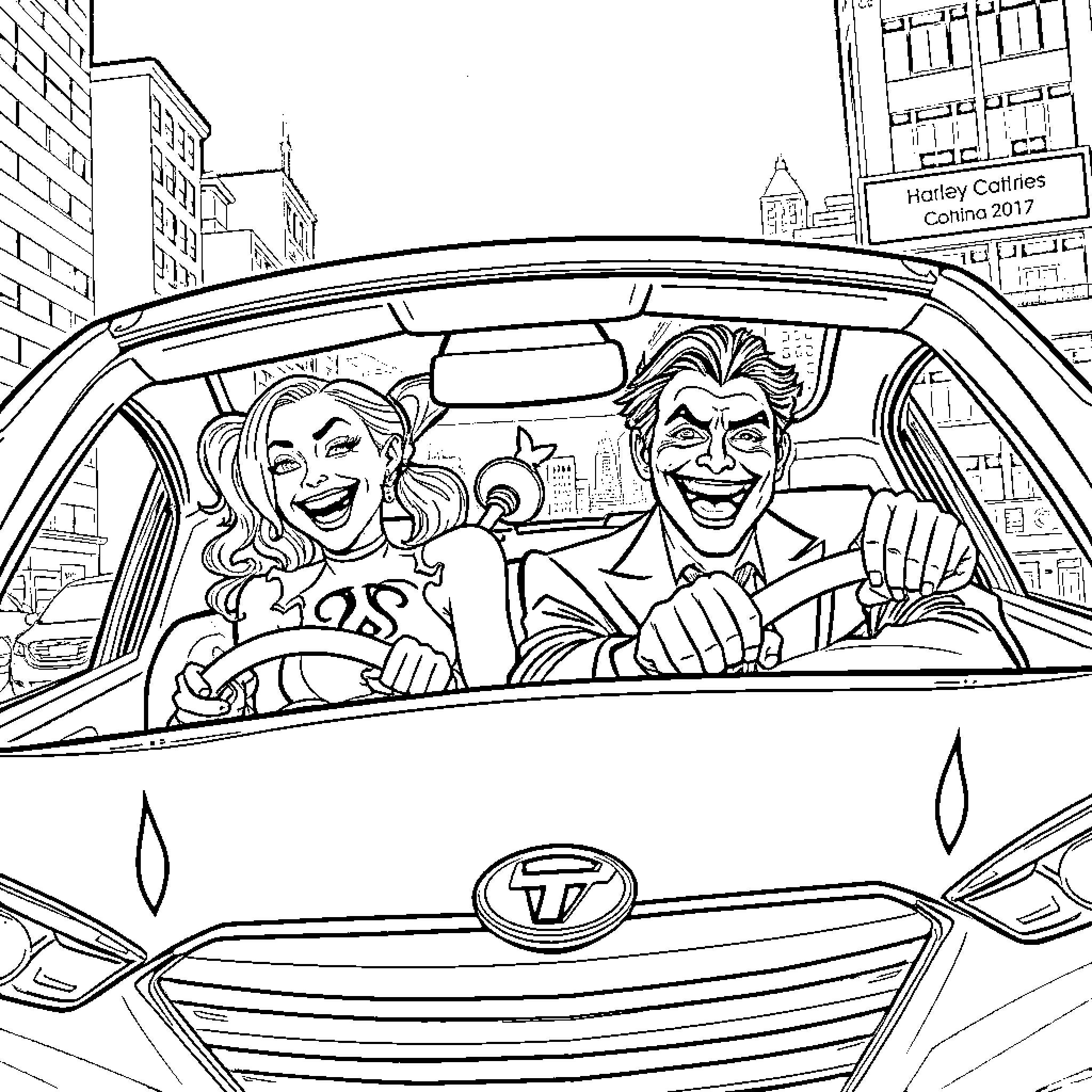 Harley Quinn and Joker joy riding through the city Coloring Page (free black-and-white line drawing printable PDF for all, from beginners to advanced learners, including children, teens, adults, and seniors)