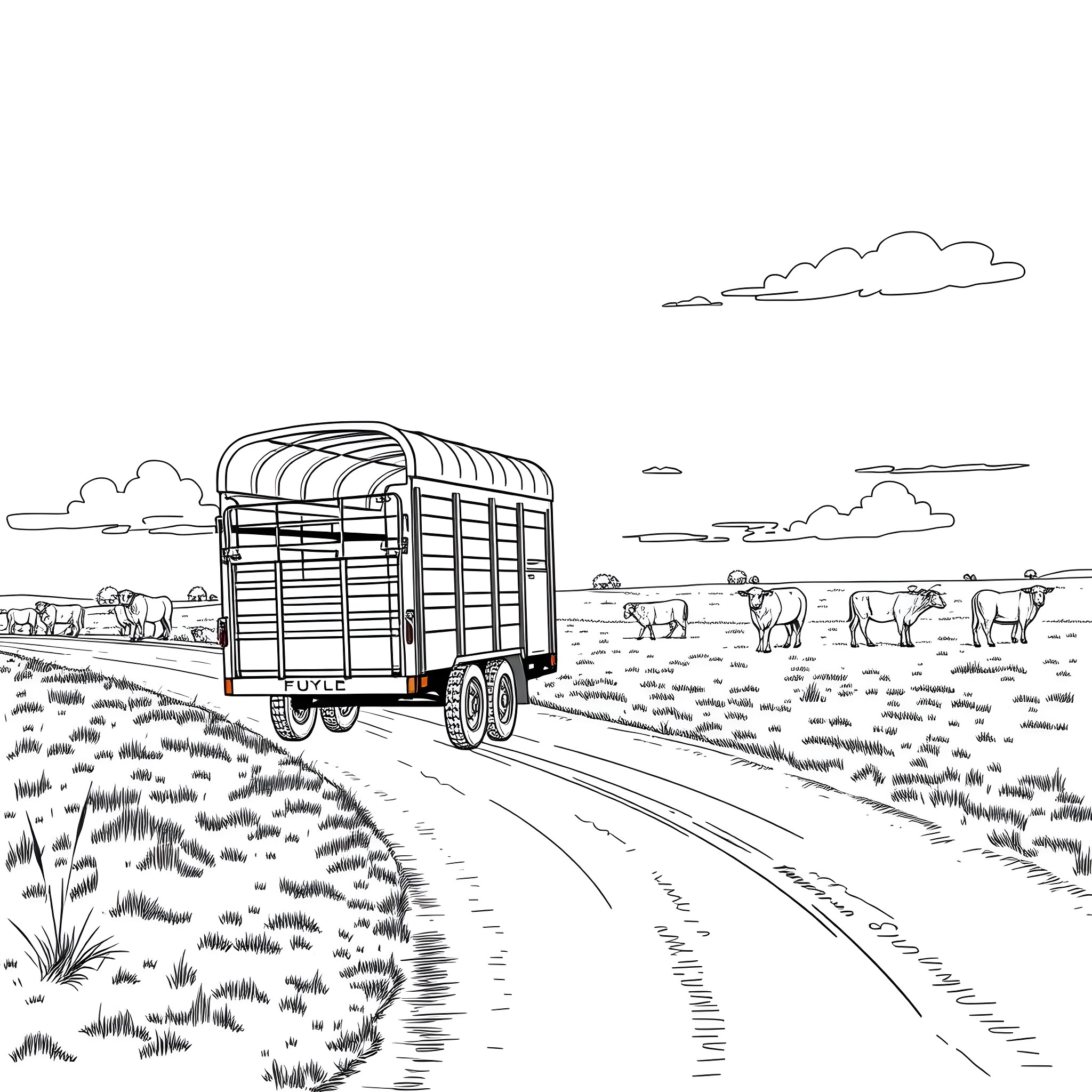 Livestock transport in the rural countryside Coloring Page (free black-and-white line drawing printable PDF for all, from beginners to advanced learners, including children, teens, adults, and seniors)
