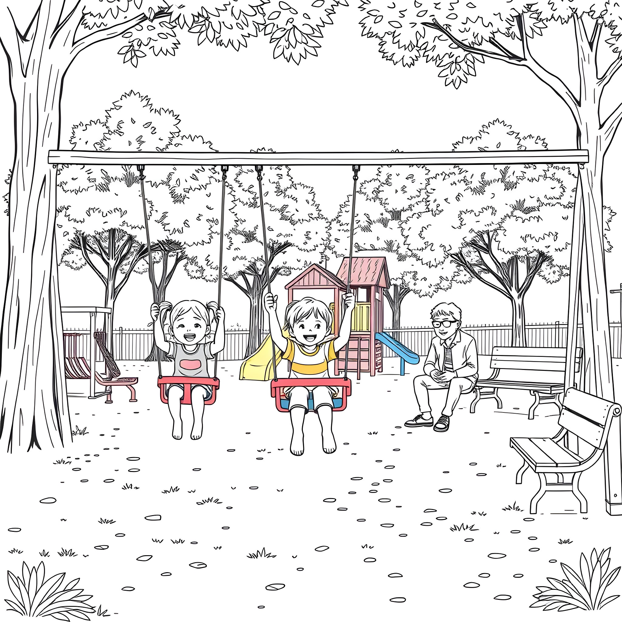 Children playing happily in the park Coloring Page (free black-and-white line drawing printable PDF for all, from beginners to advanced learners, including children, teens, adults, and seniors)