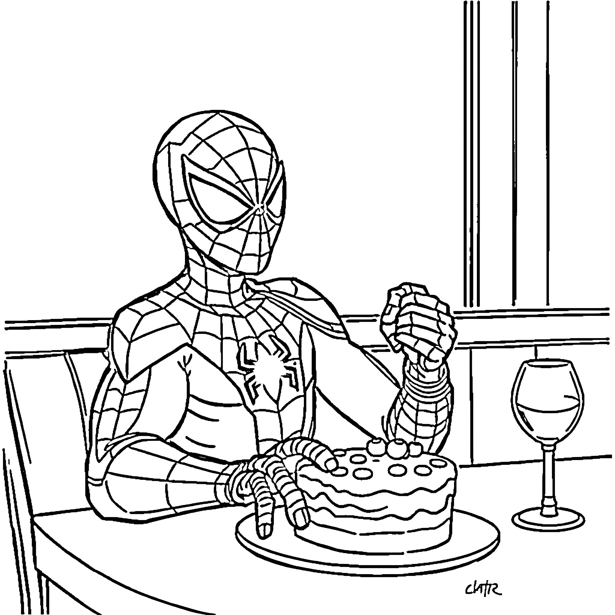 Spider-Man Celebrates with Cake and Wine Coloring Page (free black-and-white line drawing printable PDF for all, from beginners to advanced learners, including children, teens, adults, and seniors)