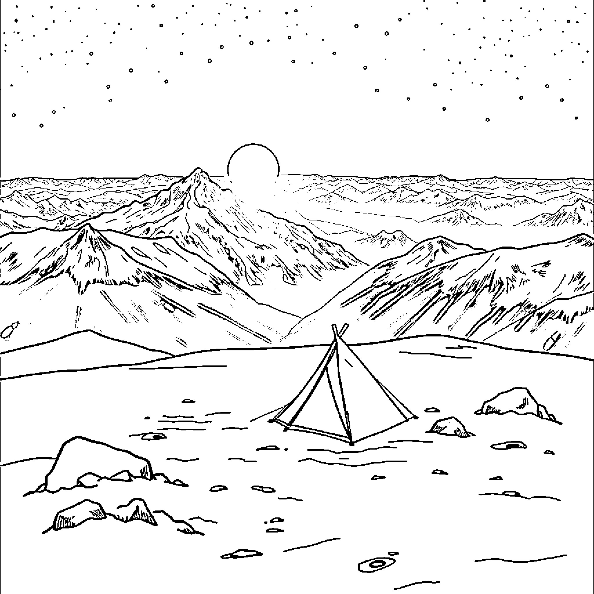 Tent camping in the majestic mountains under the stars Coloring Page (free black-and-white line drawing printable PDF for all, from beginners to advanced learners, including children, teens, adults, and seniors)