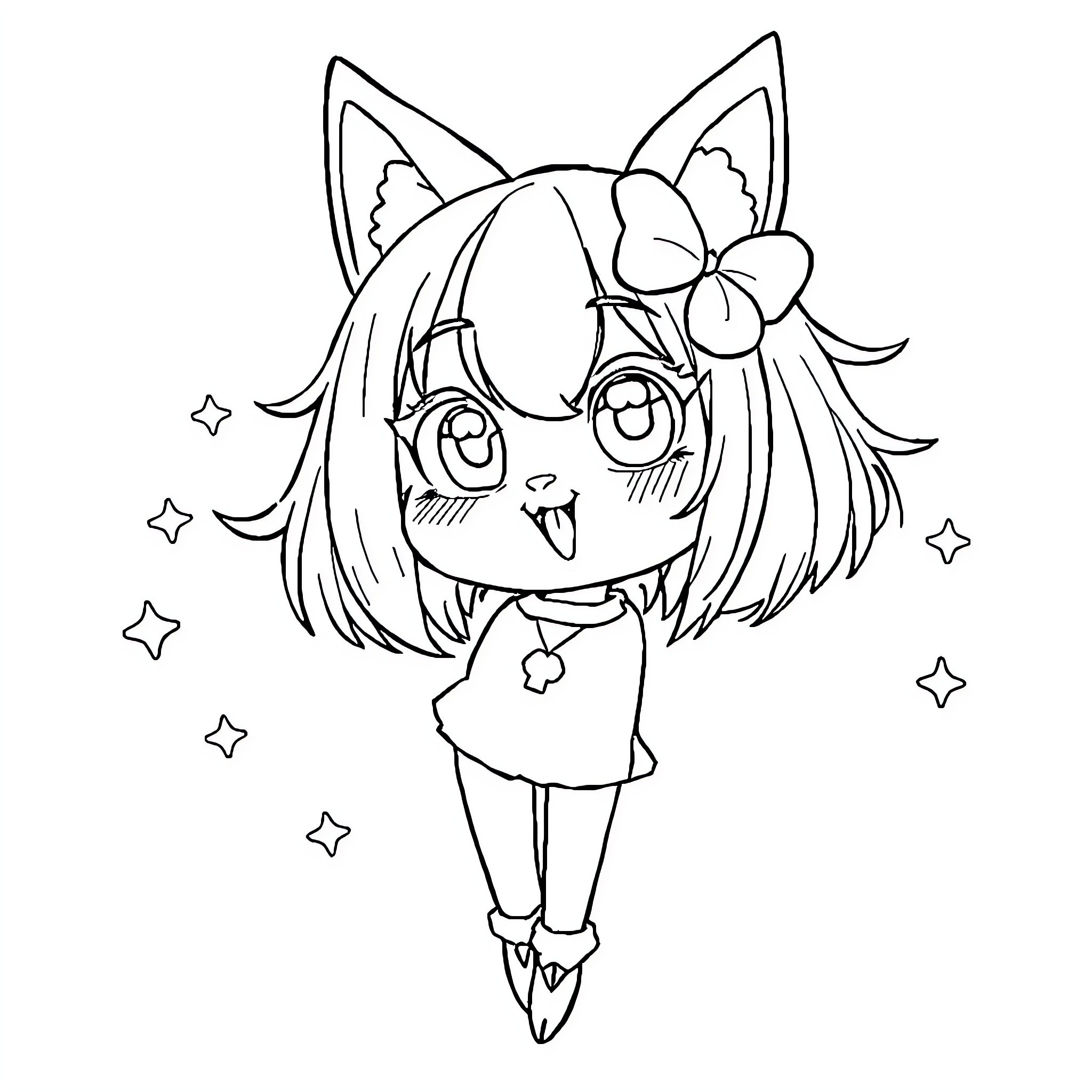 Kuromi playfully posing with cat ears and bow Coloring Page (free black-and-white line drawing printable PDF for all, from beginners to advanced learners, including children, teens, adults, and seniors)