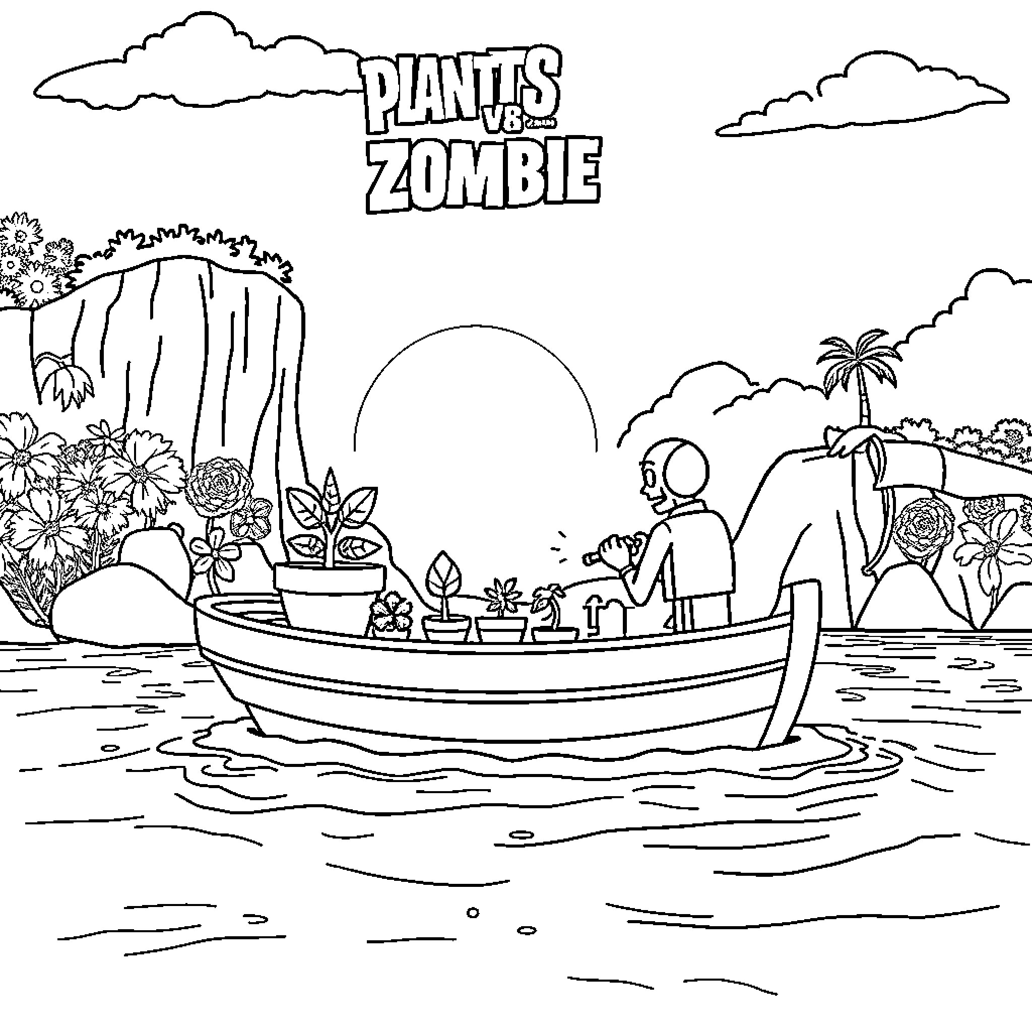 Plants vs Zombie characters on a boat journey Coloring Page (free black-and-white line drawing printable PDF for all, from beginners to advanced learners, including children, teens, adults, and seniors)
