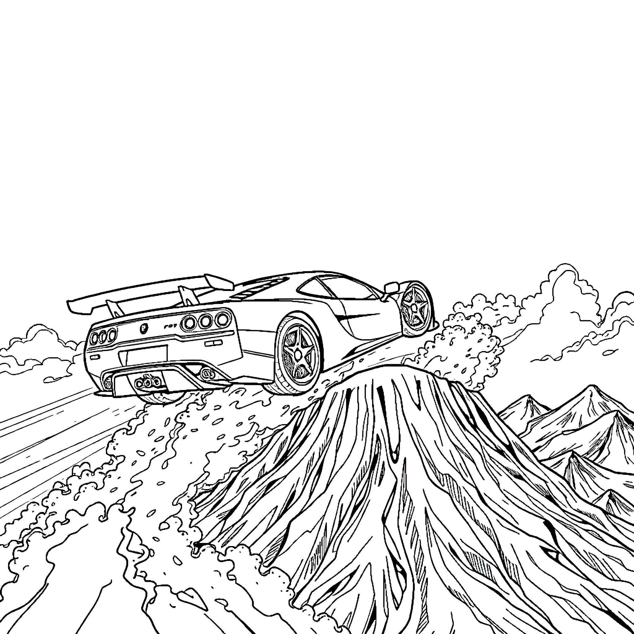 Sports Car Racing Through Rugged Terrain Coloring Page (free black-and-white line drawing printable PDF for all, from beginners to advanced learners, including children, teens, adults, and seniors)