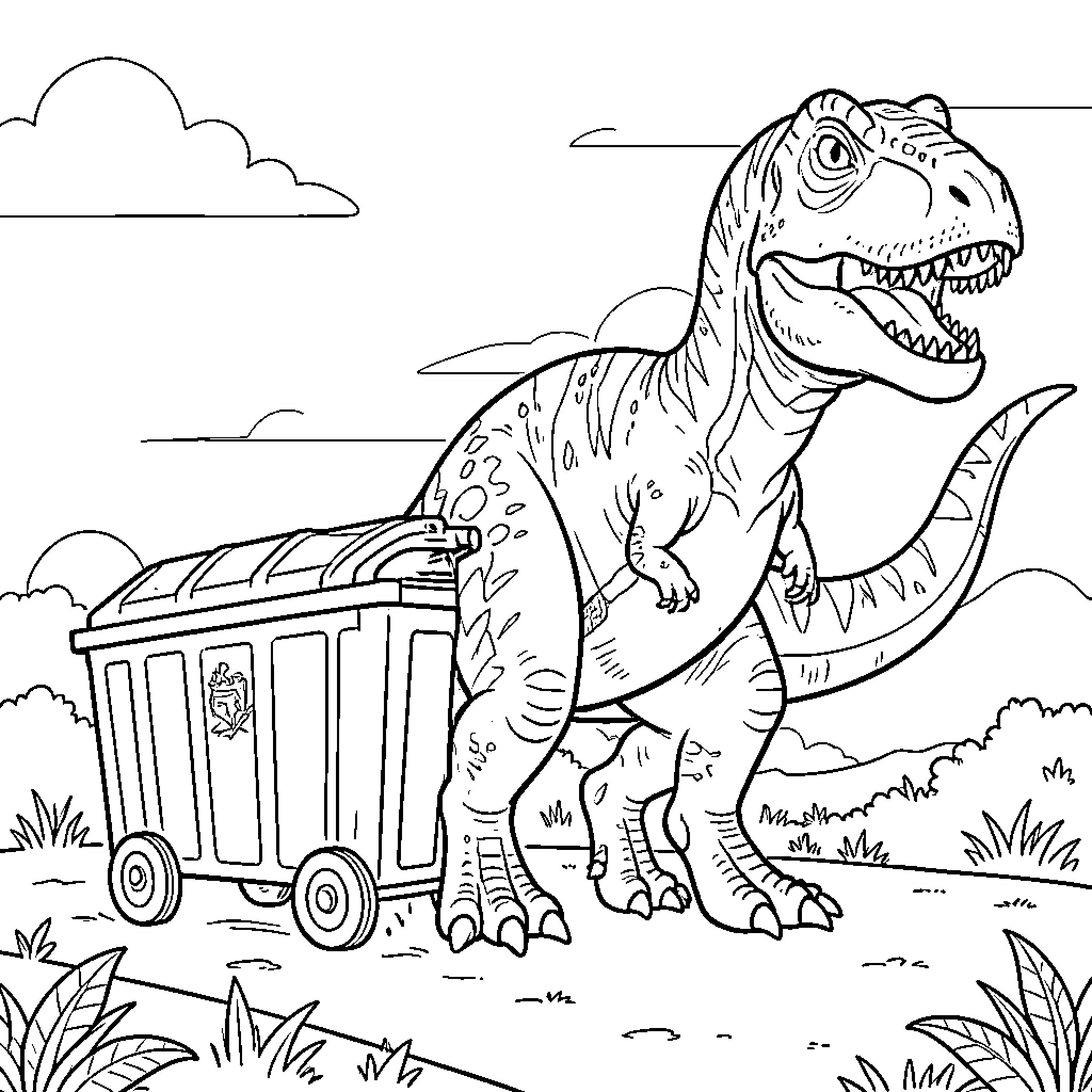 Garbage Truck Collecting Trash with Dinosaur Coloring Page (free black-and-white line drawing printable PDF for all, from beginners to advanced learners, including children, teens, adults, and seniors)