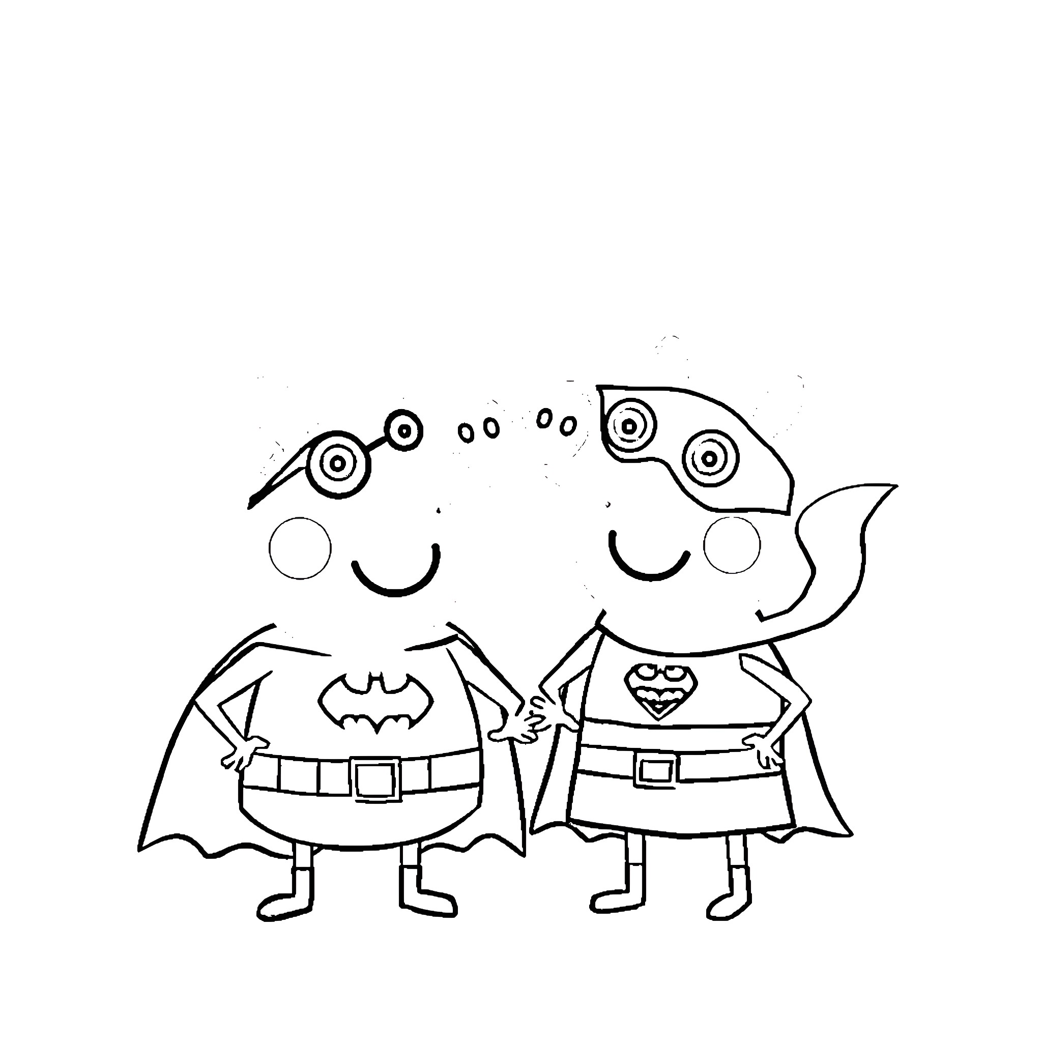 Bluey and Peppa Pig dressed up as superheroes Coloring Page (free black-and-white line drawing printable PDF for all, from beginners to advanced learners, including children, teens, adults, and seniors)