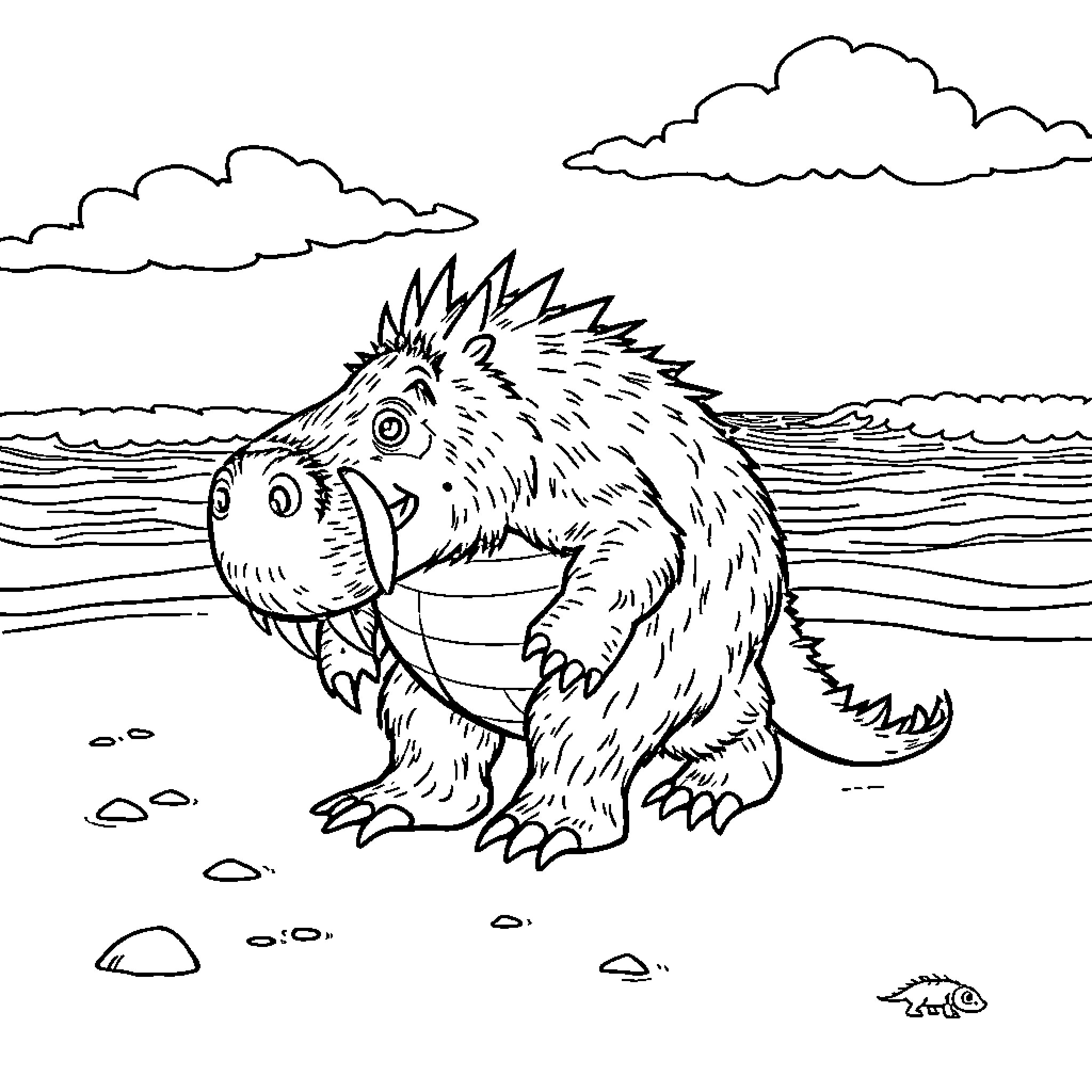 Grufalo playing in the ocean Coloring Page (free black-and-white line drawing printable PDF for all, from beginners to advanced learners, including children, teens, adults, and seniors)