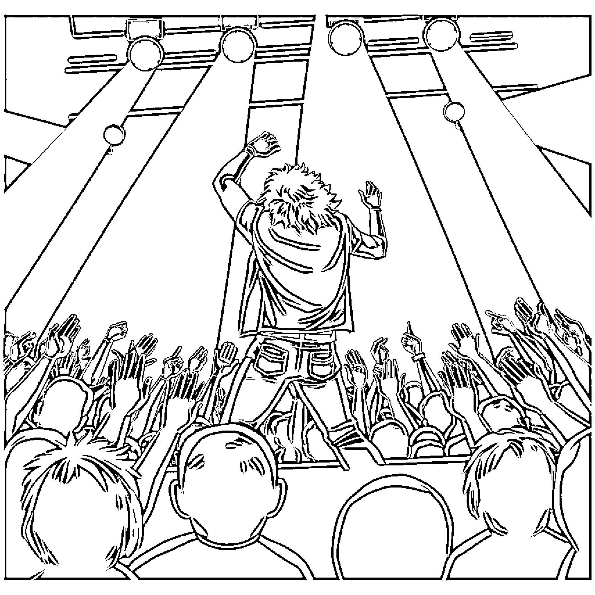 Rockstar performing on stage with energetic crowd Coloring Page (free black-and-white line drawing printable PDF for all, from beginners to advanced learners, including children, teens, adults, and seniors)