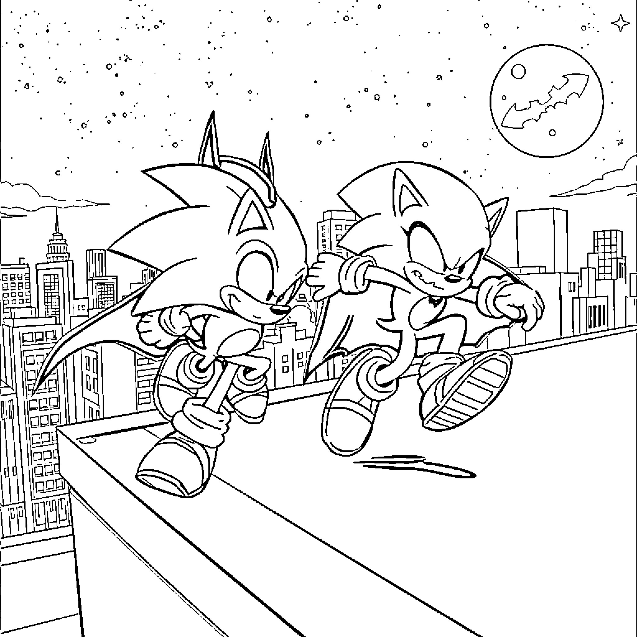Sonic and Friends Race Through the City Coloring Page (free black-and-white line drawing printable PDF for all, from beginners to advanced learners, including children, teens, adults, and seniors)