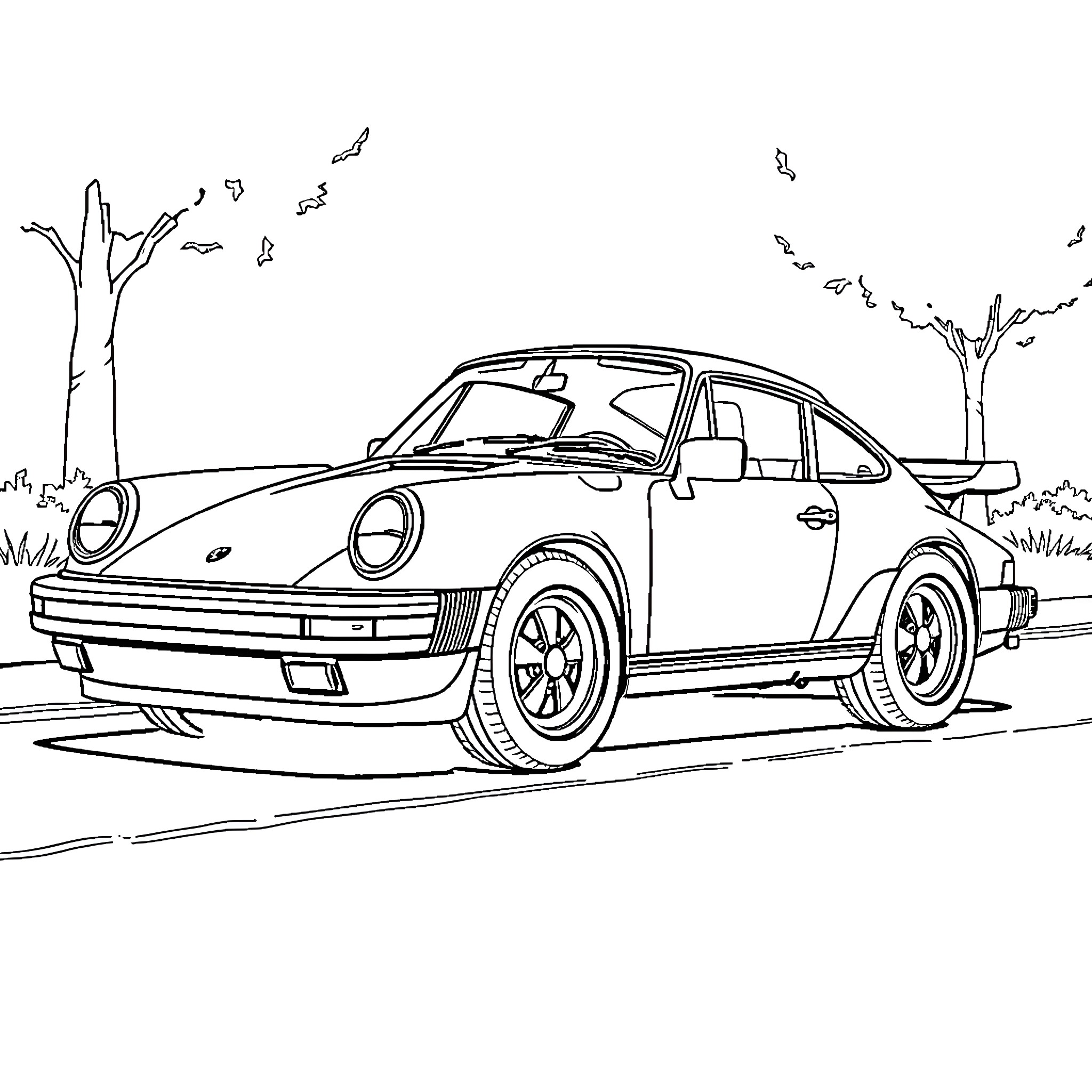 Porsche sports car on winding road Coloring Page (free black-and-white line drawing printable PDF for all, from beginners to advanced learners, including children, teens, adults, and seniors)
