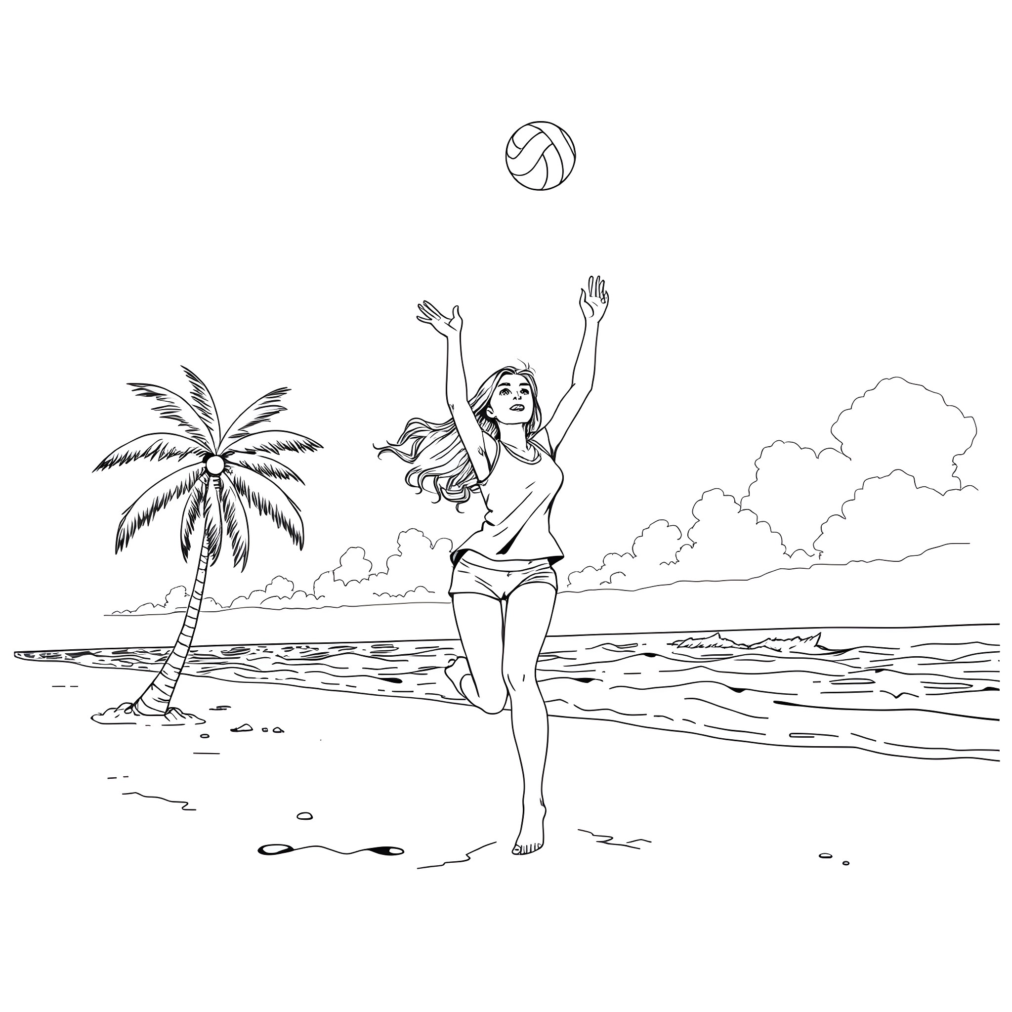 Mary Jane Watson playing volleyball at the beach Coloring Page (free black-and-white line drawing printable PDF for all, from beginners to advanced learners, including children, teens, adults, and seniors)