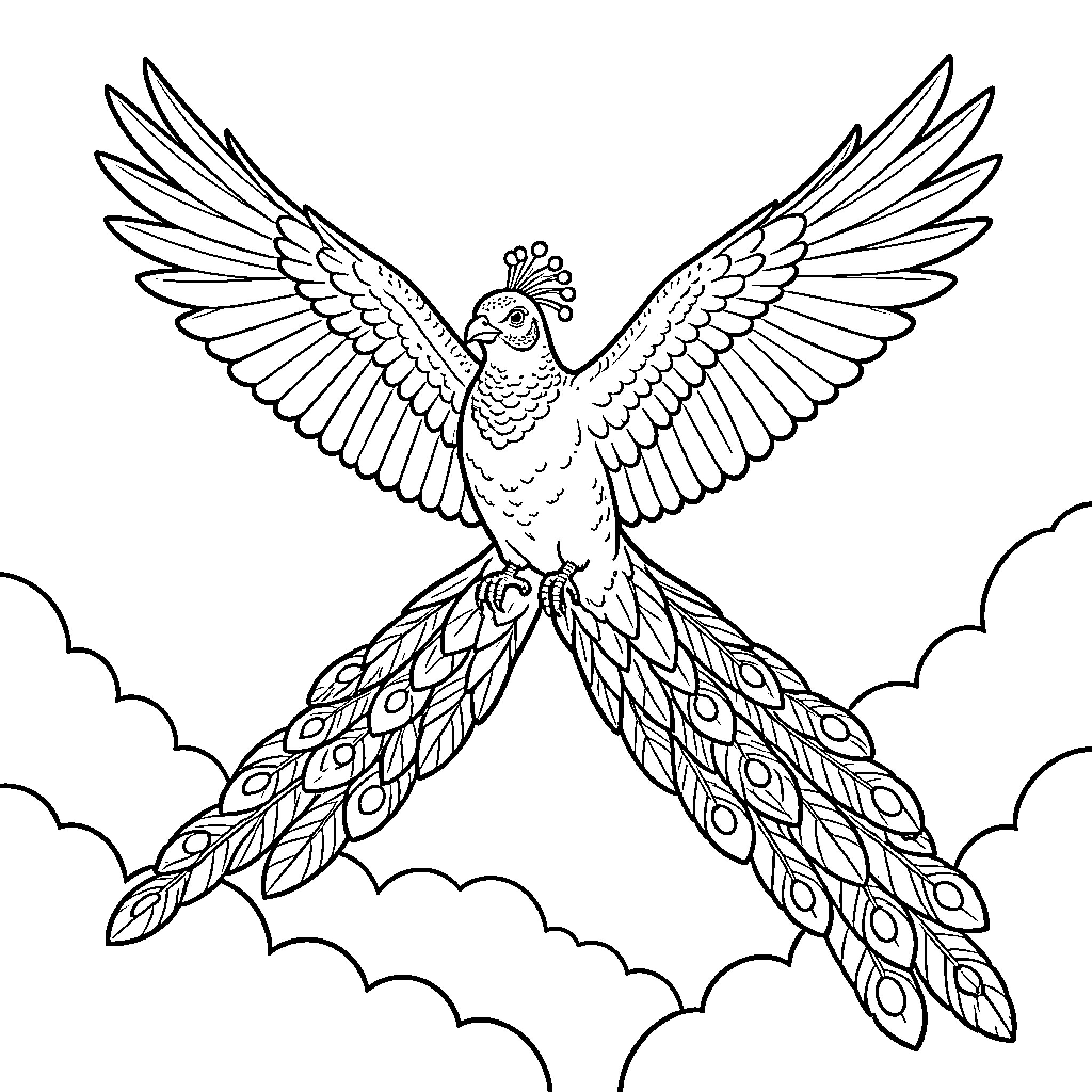 Quetzal soaring majestically with wide spread wings Coloring Page (free black-and-white line drawing printable PDF for all, from beginners to advanced learners, including children, teens, adults, and seniors)