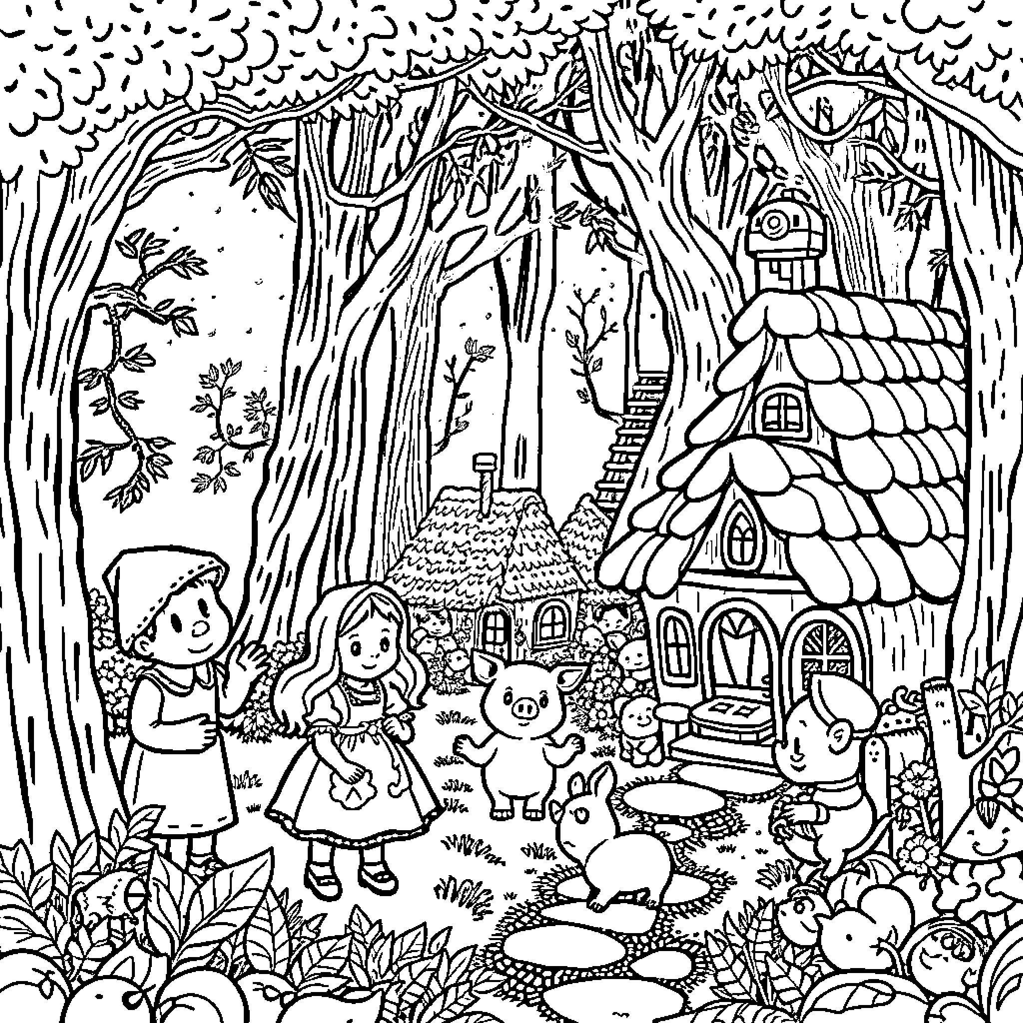Fairy Tale Characters in Enchanted Forest Coloring Page (free black-and-white line drawing printable PDF for all, from beginners to advanced learners, including children, teens, adults, and seniors)