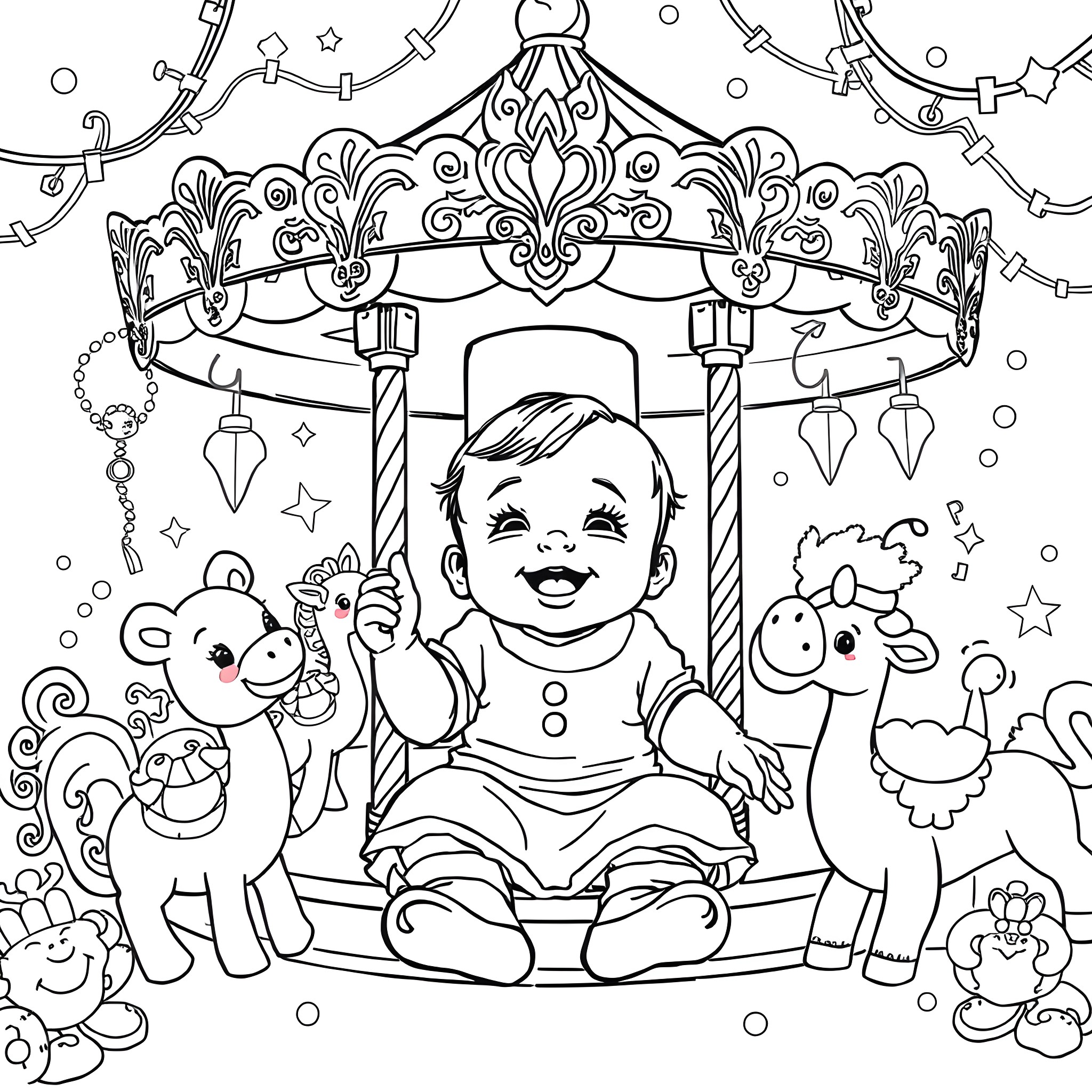 Baby riding a joyful carousel with stuffed animals Coloring Page (free black-and-white line drawing printable PDF for all, from beginners to advanced learners, including children, teens, adults, and seniors)