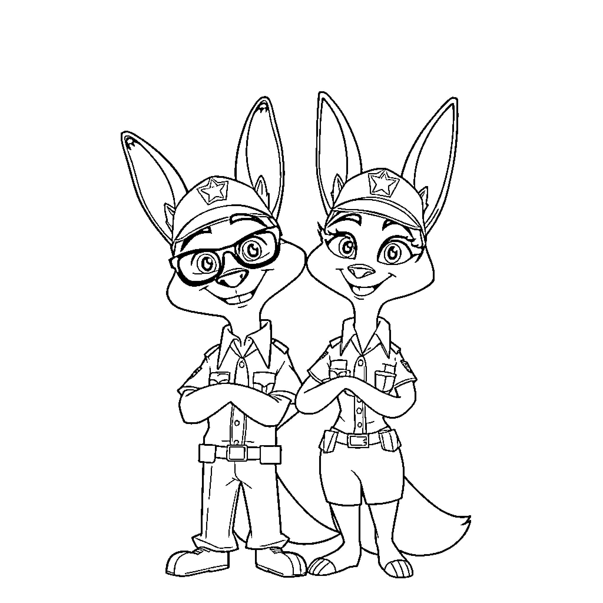 Nick and Judy in Uniform Smiling Happily Coloring Page (free black-and-white line drawing printable PDF for all, from beginners to advanced learners, including children, teens, adults, and seniors)