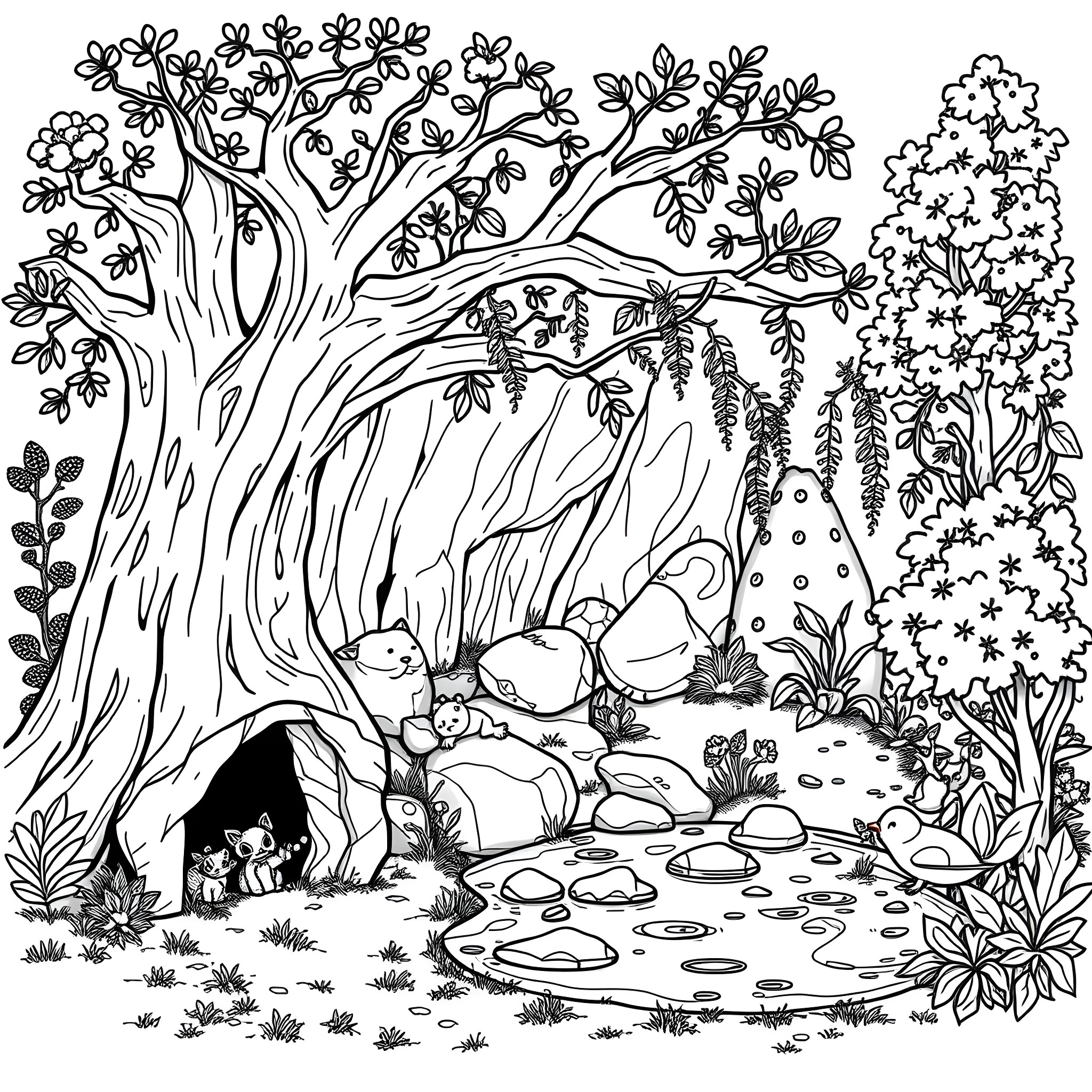 Animal Home in the Lush Forest Coloring Page (free black-and-white line drawing printable PDF for all, from beginners to advanced learners, including children, teens, adults, and seniors)