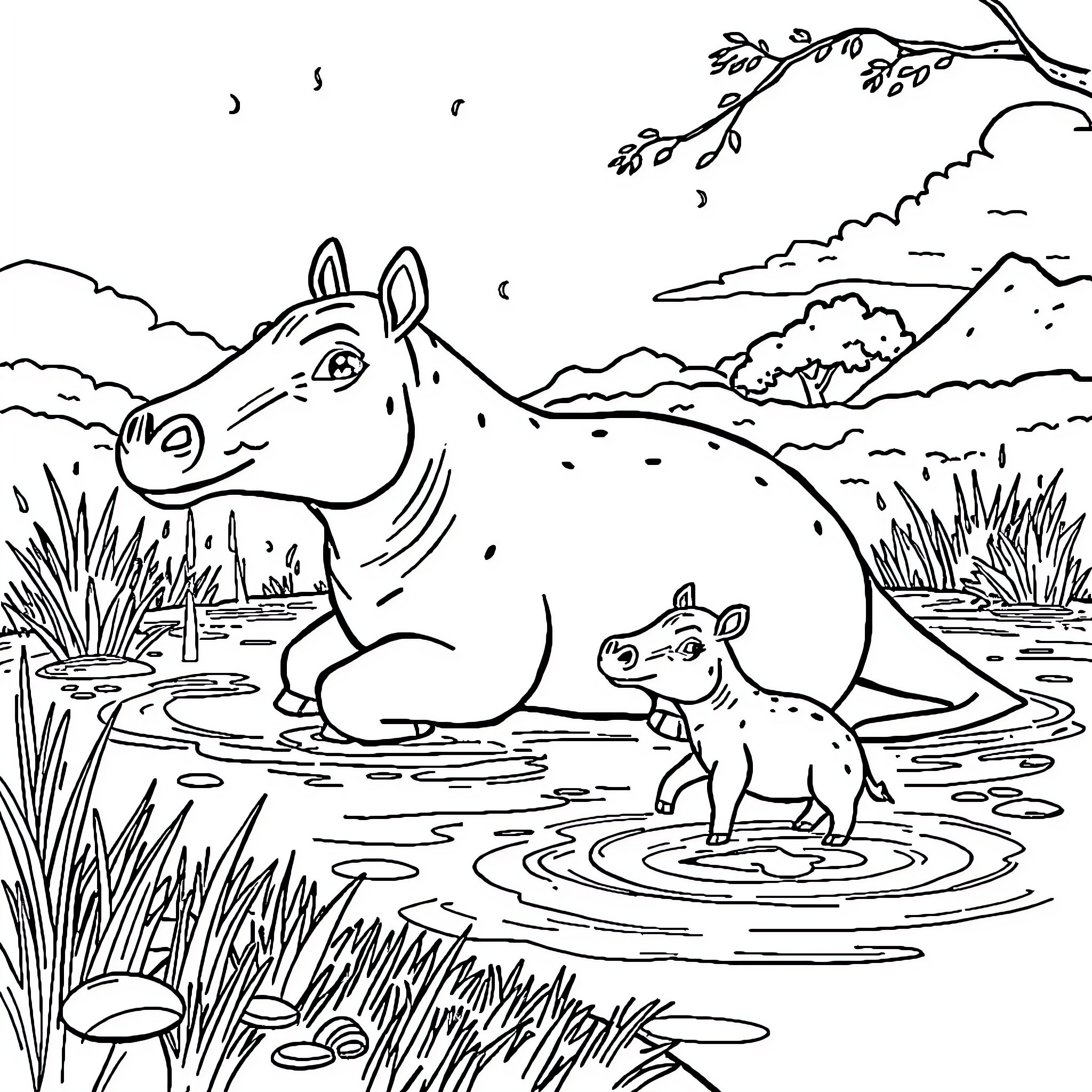 Capybara and baby capybara in pond Coloring Page (free black-and-white line drawing printable PDF for all, from beginners to advanced learners, including children, teens, adults, and seniors)
