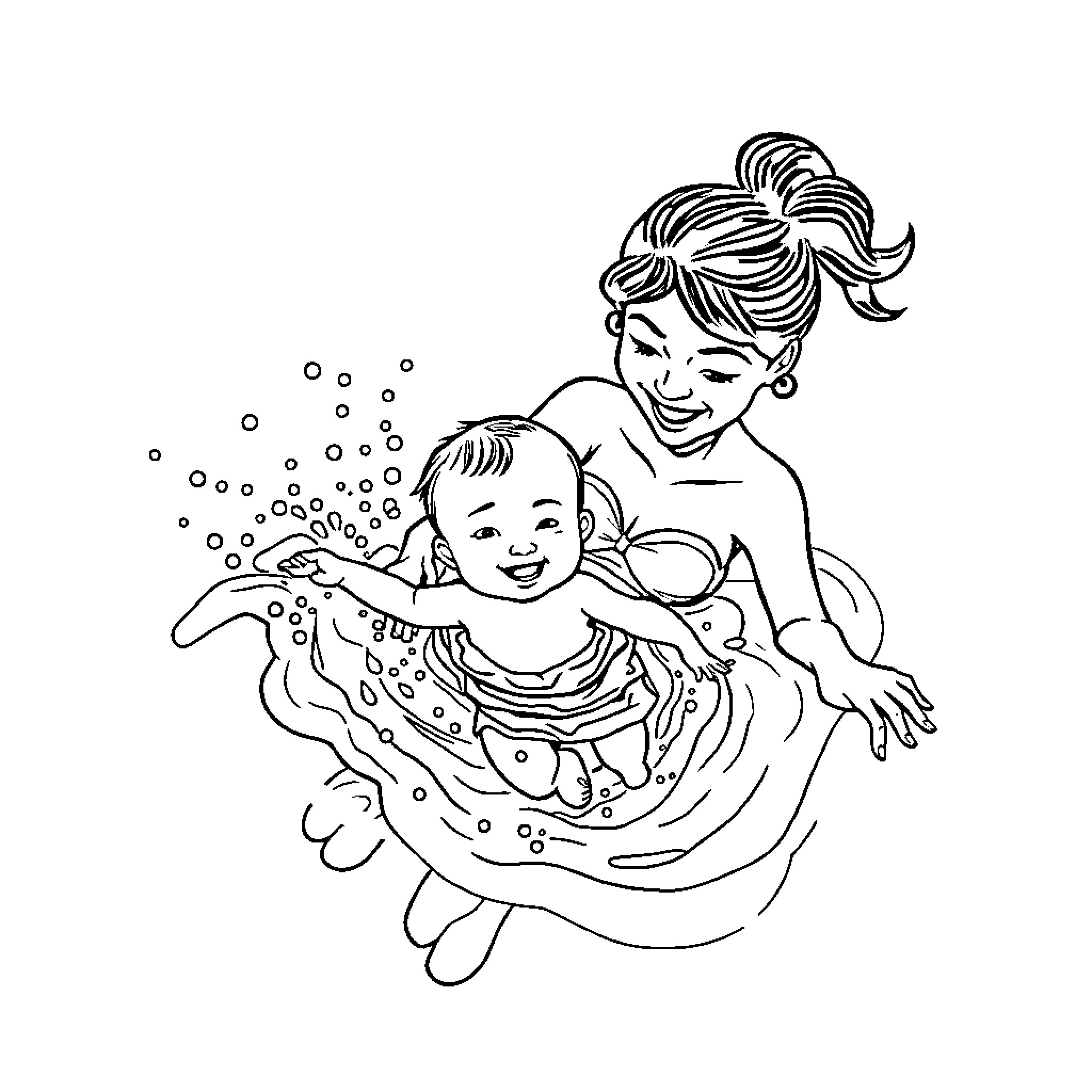 Mommy playing joyfully with child in the water Coloring Page (free black-and-white line drawing printable PDF for all, from beginners to advanced learners, including children, teens, adults, and seniors)