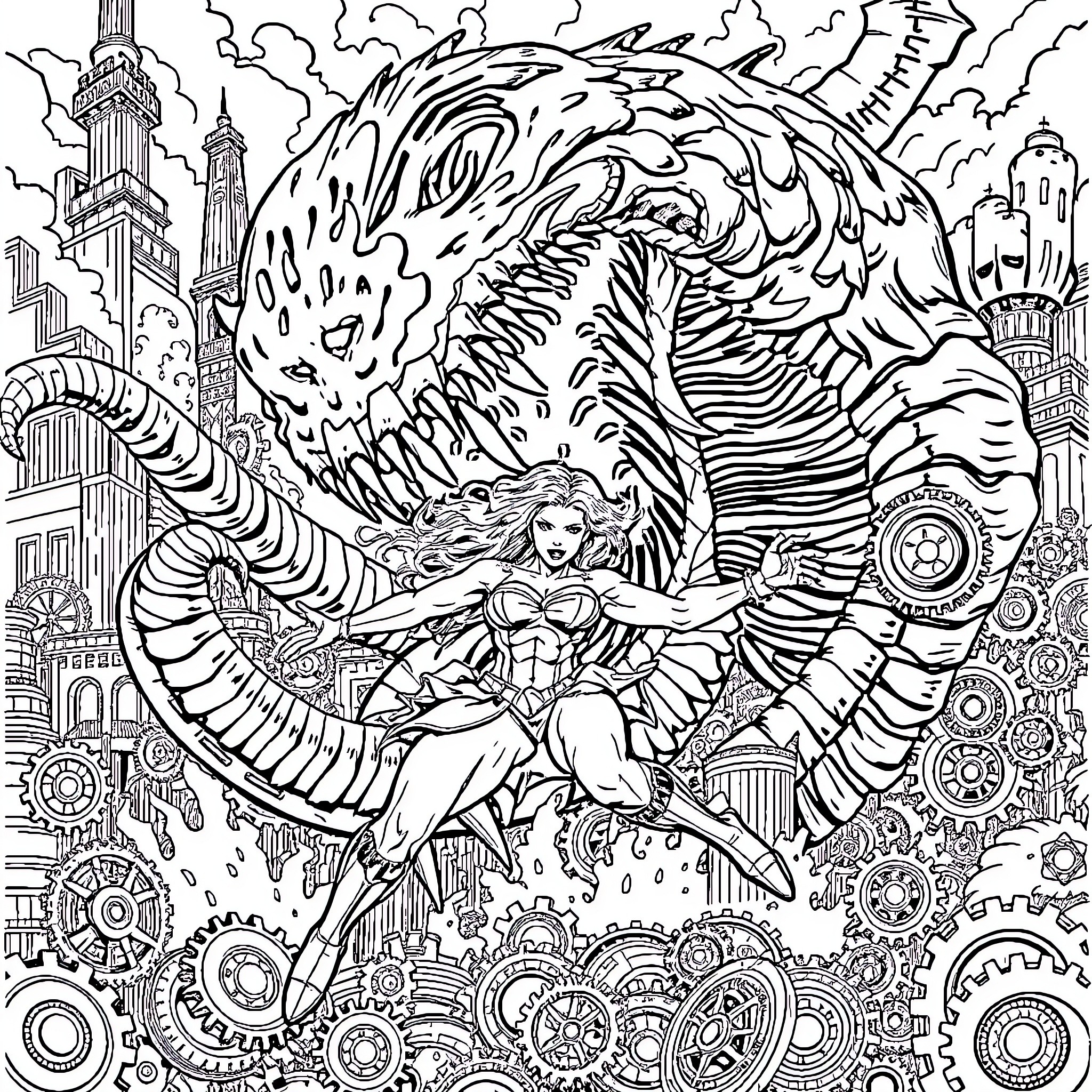 She-Hulk takes on a monstrous adversary in a futuristic cityscape Coloring Page (free black-and-white line drawing printable PDF for all, from beginners to advanced learners, including children, teens, adults, and seniors)